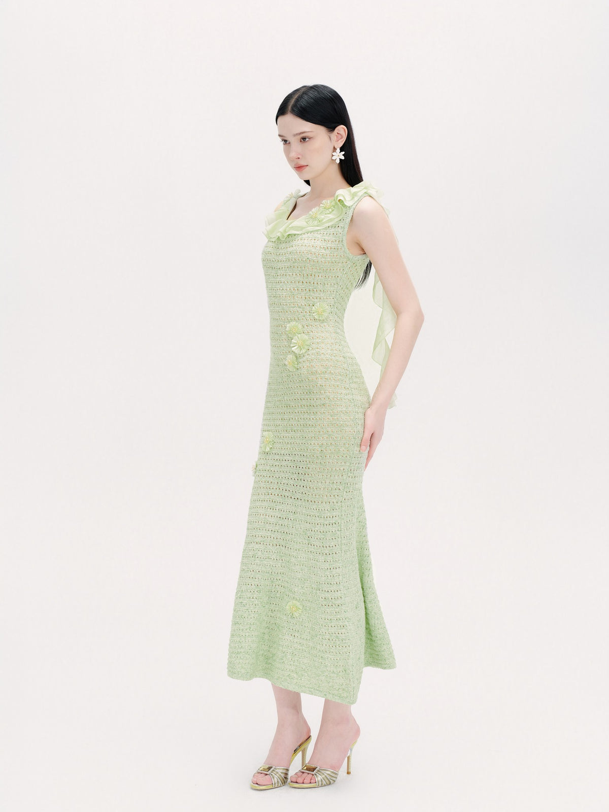 Riviera Green Crochet Floral Fishtail Maxi Dress styling