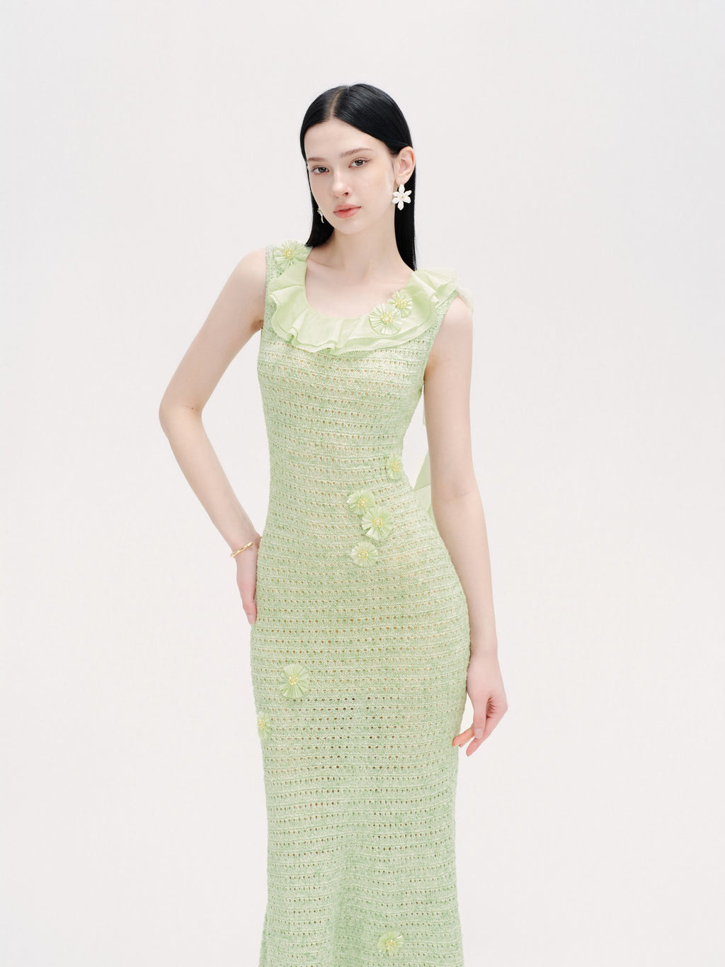 Riviera Green Crochet Floral Fishtail Maxi Dress full body