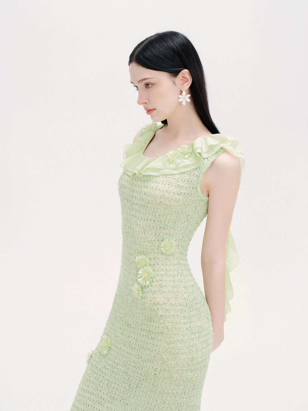 Riviera Green Crochet Floral Fishtail Maxi Dress detail shot