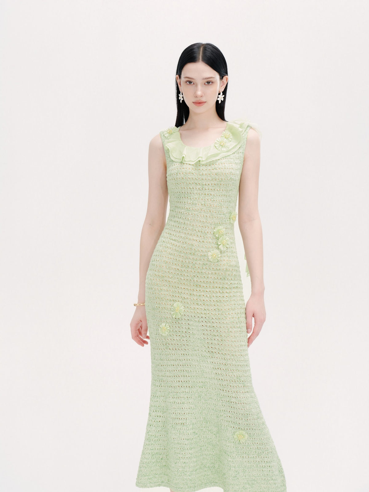 Riviera Green Crochet Floral Fishtail Maxi Dress movement