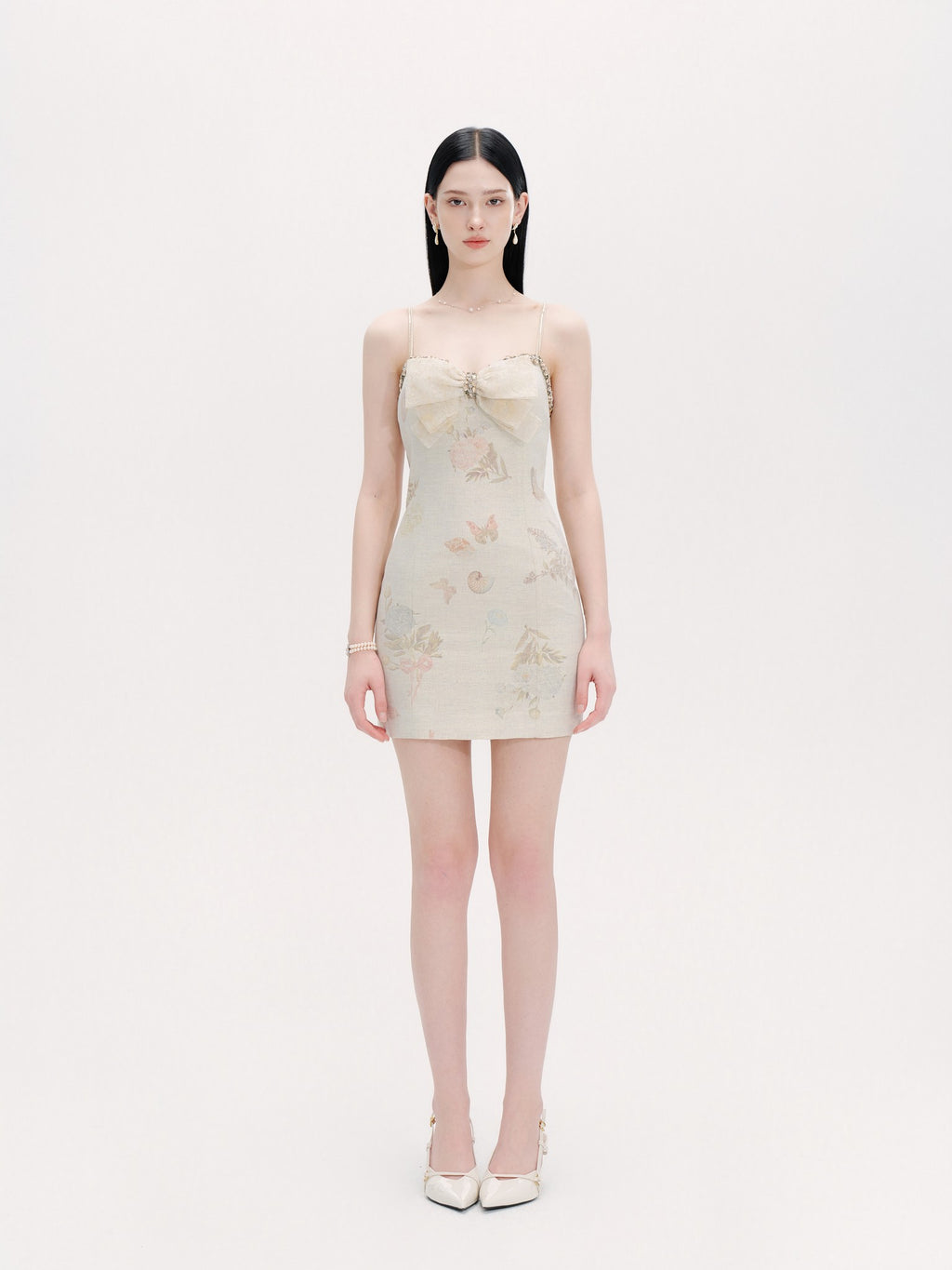 Pearl Wonderland Linen Lace Bow Bodycon Mini Dress side detail