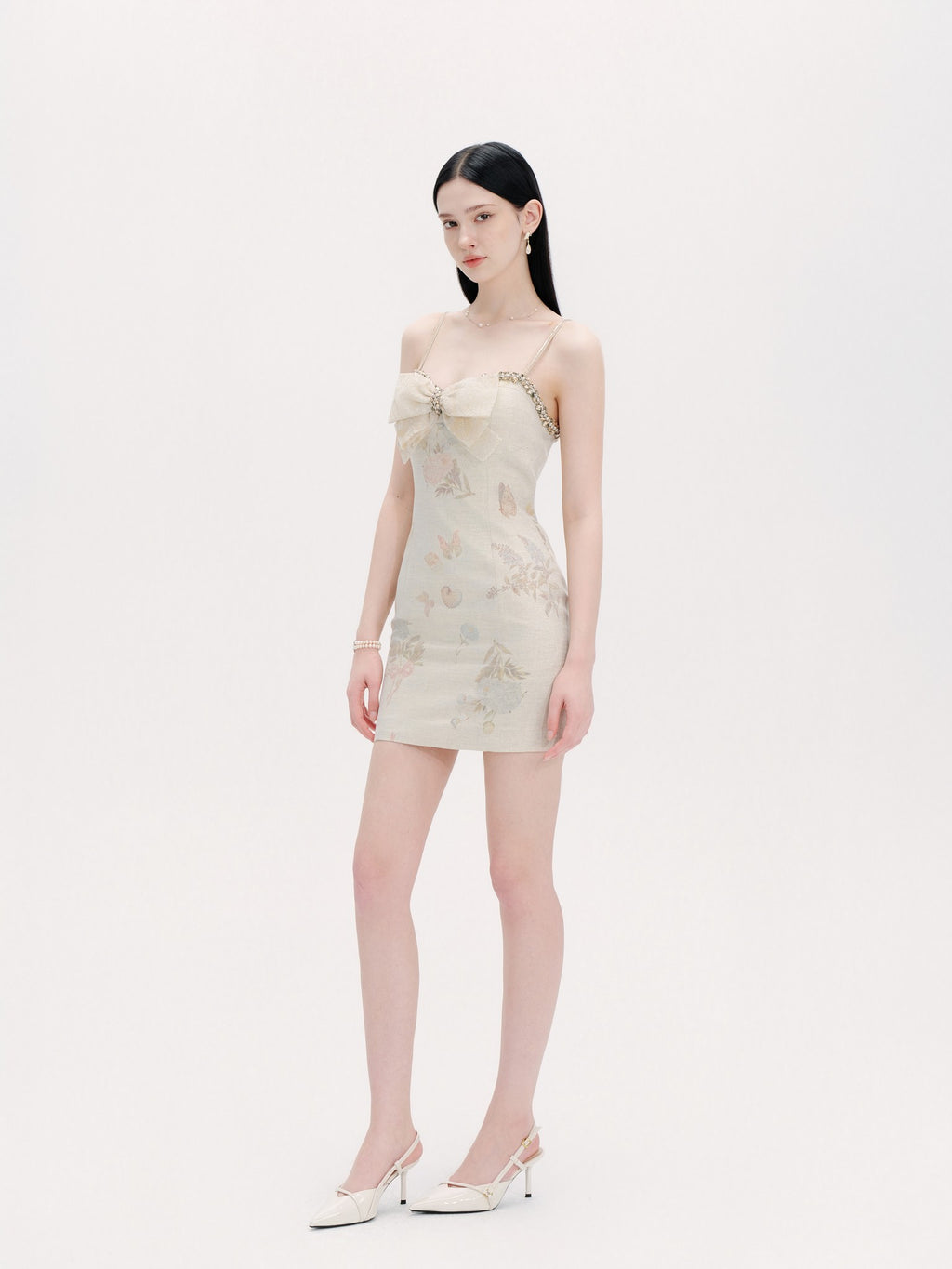 Pearl Wonderland Linen Lace Bow Bodycon Mini Dress lookbook