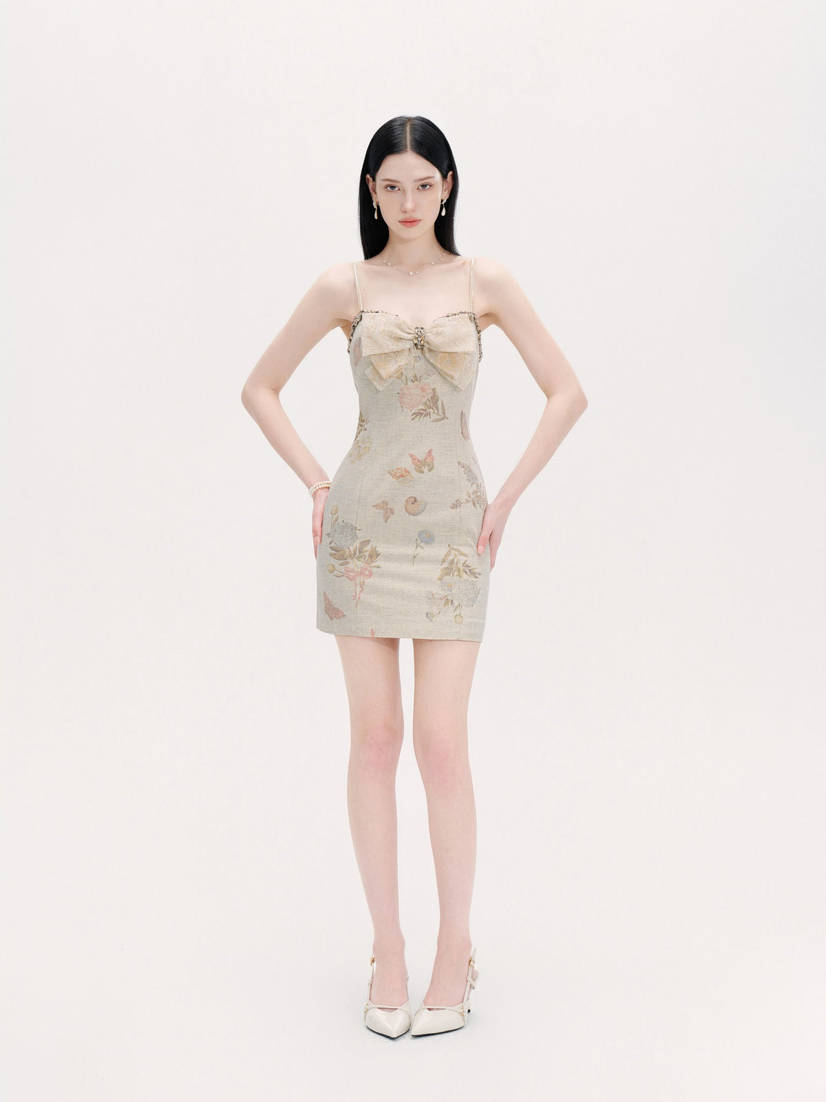 Pearl Wonderland Linen Lace Bow Bodycon Mini Dress lookbook