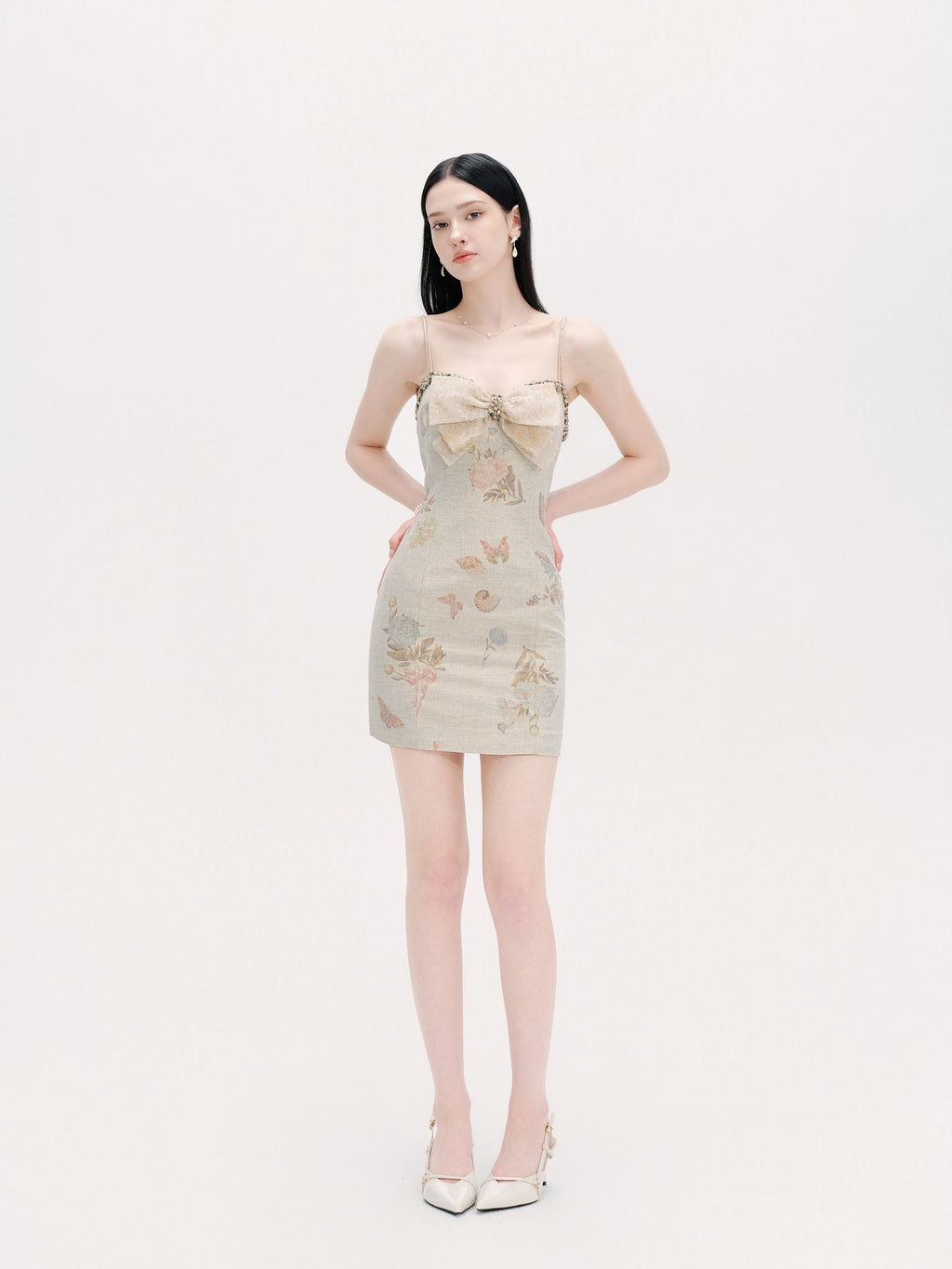 Pearl Wonderland Linen Lace Bow Bodycon Mini Dress lookbook