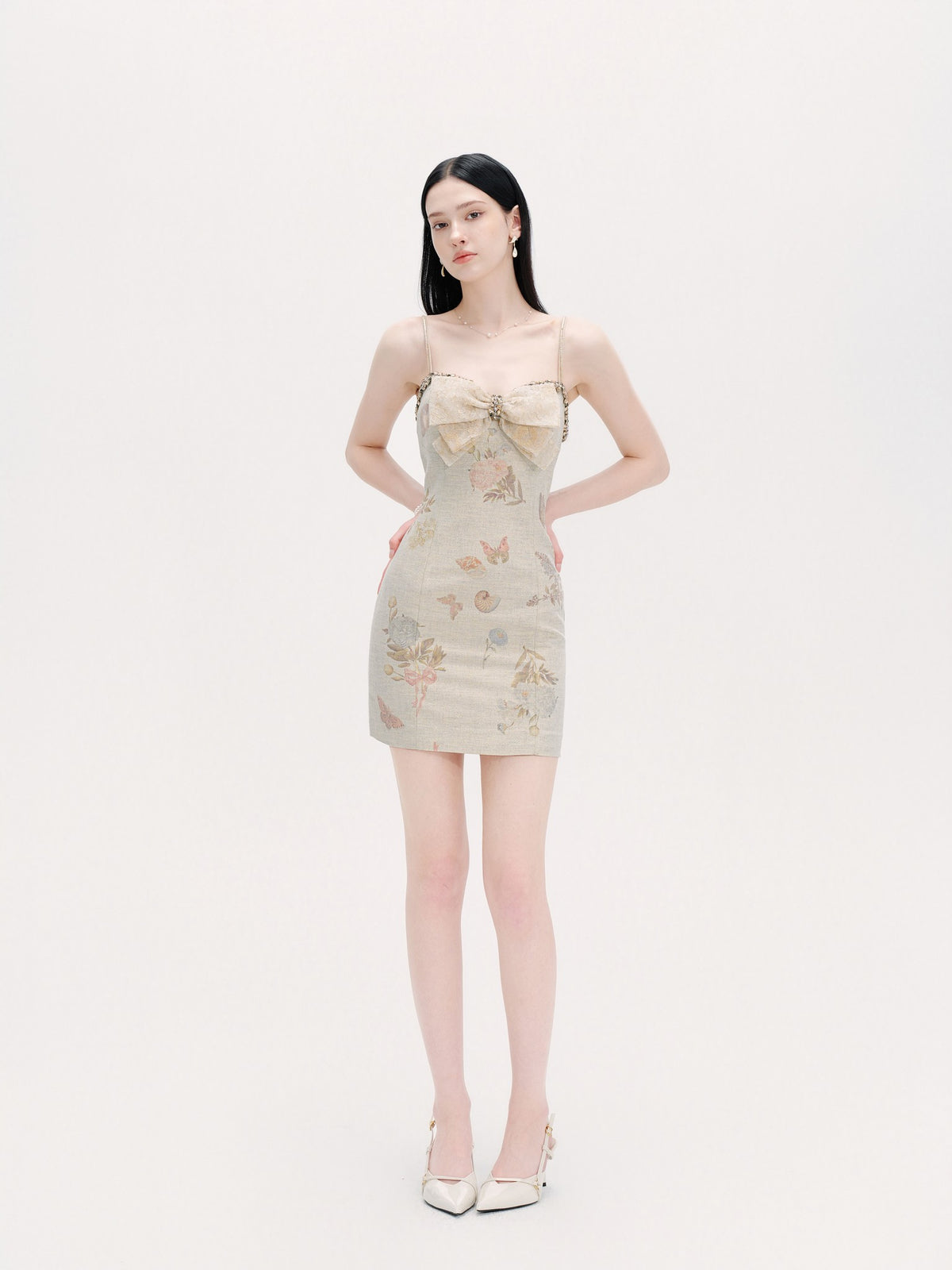 Pearl Wonderland Linen Lace Bow Bodycon Mini Dress lookbook