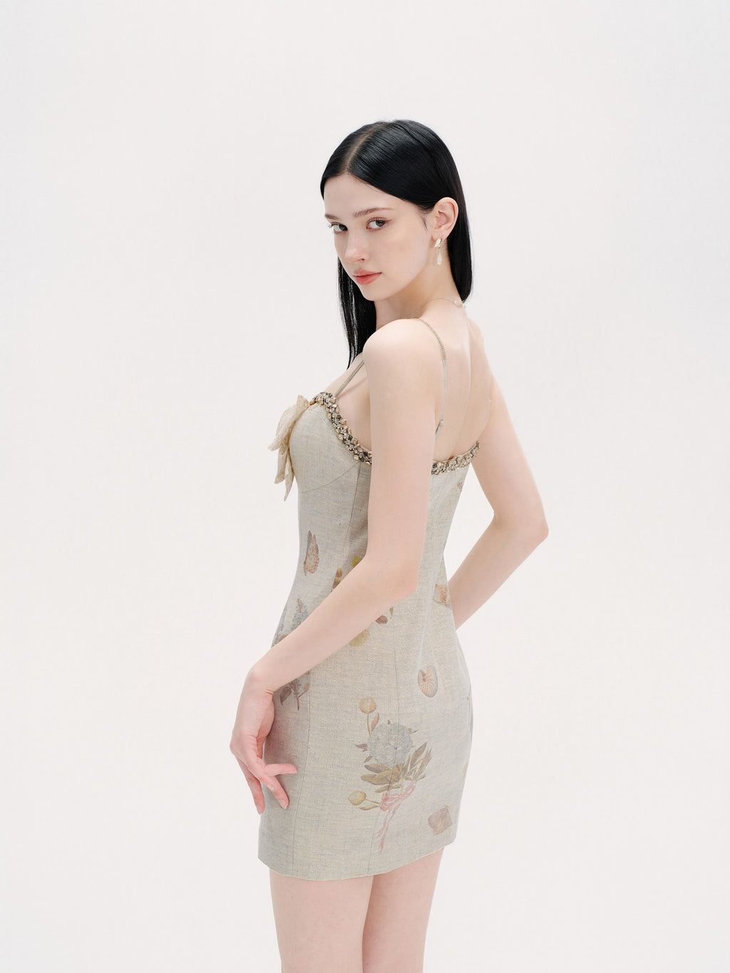 Pearl Wonderland Linen Lace Bow Bodycon Mini Dress lookbook