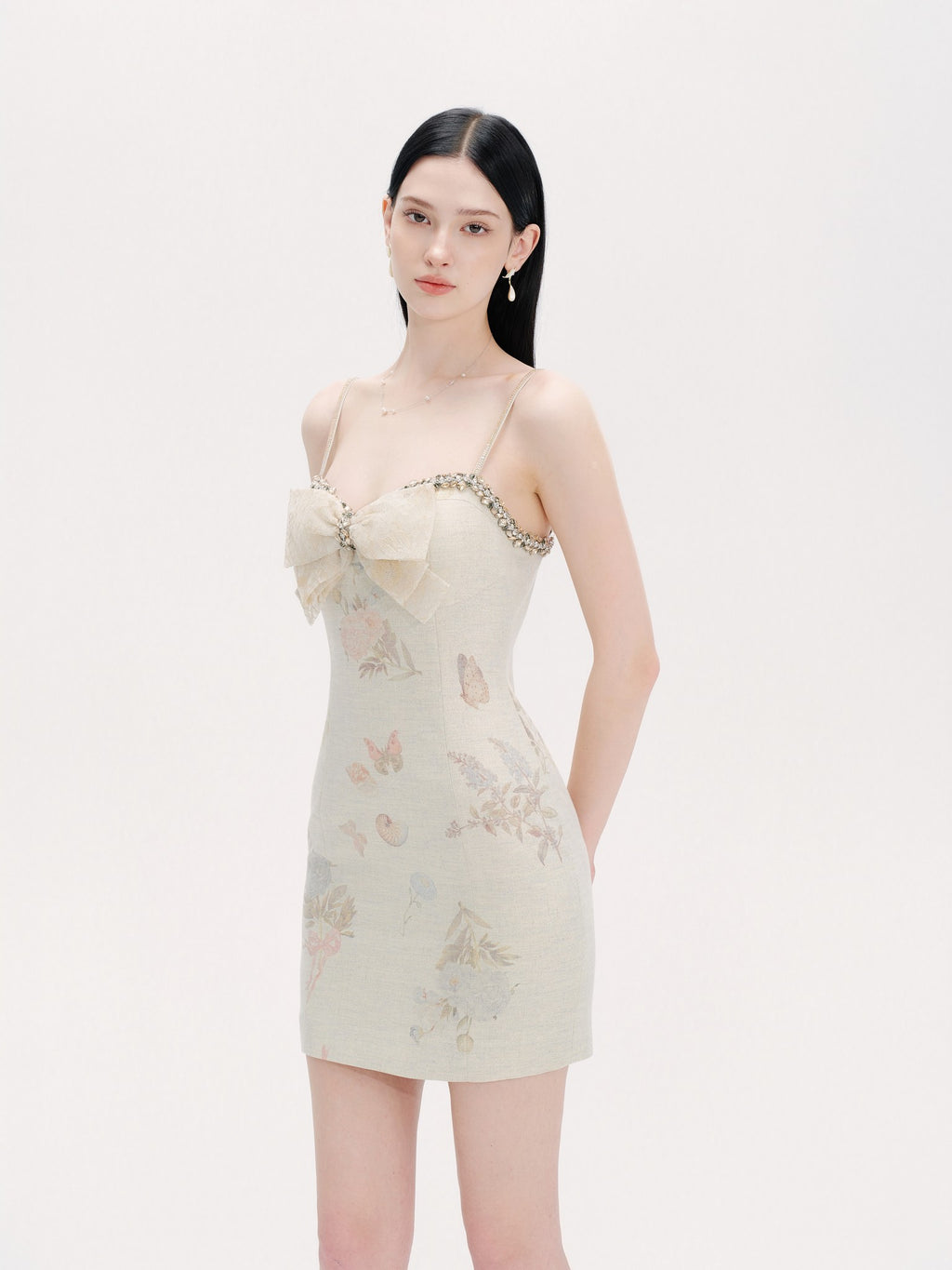 Pearl Wonderland Linen Lace Bow Bodycon Mini Dress lookbook