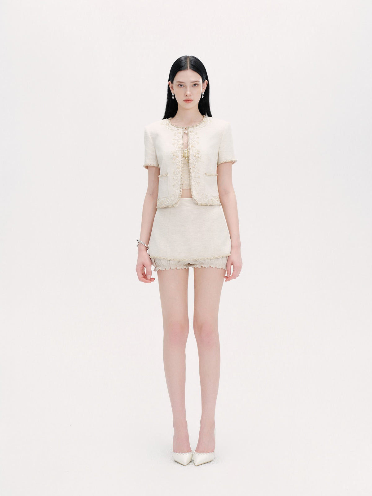 Rue Cambon Embroidered Beaded Cropped Tweed Jacket side profile