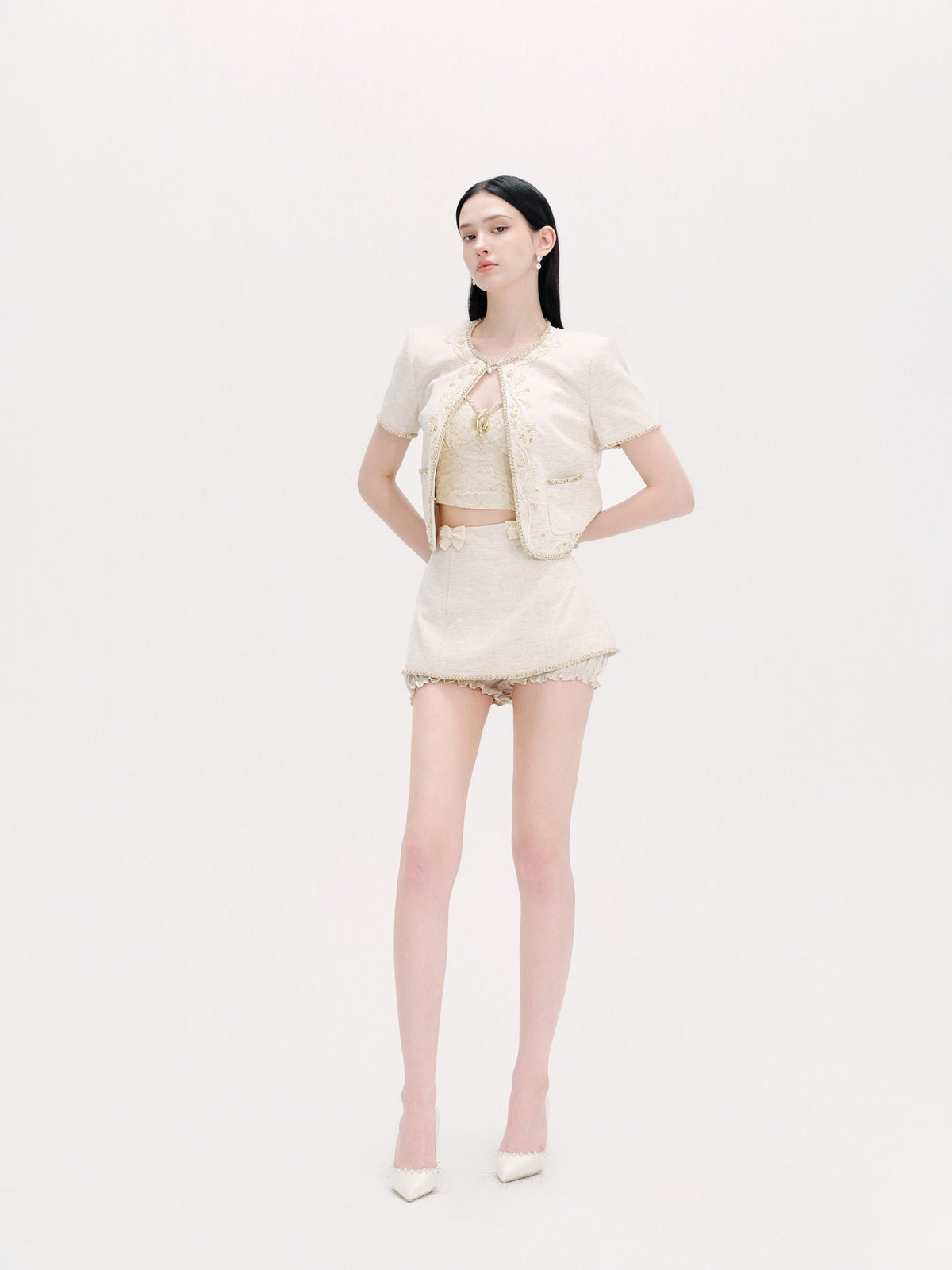 Rue Cambon Embroidered Beaded Cropped Tweed Jacket full body