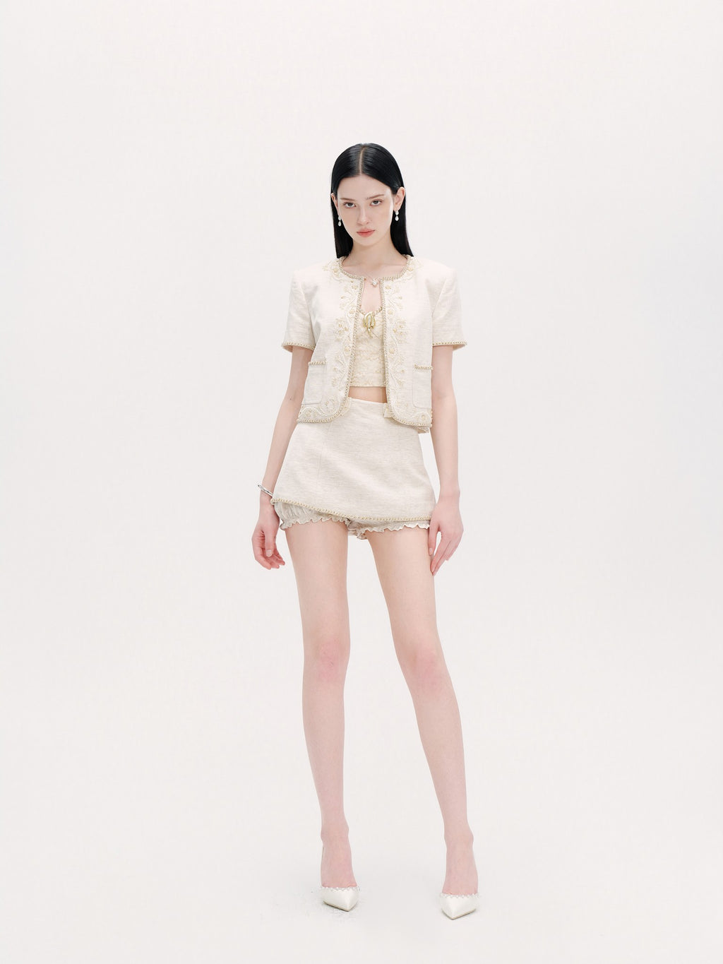 Rue Cambon Embroidered Beaded Cropped Tweed Jacket detail shot