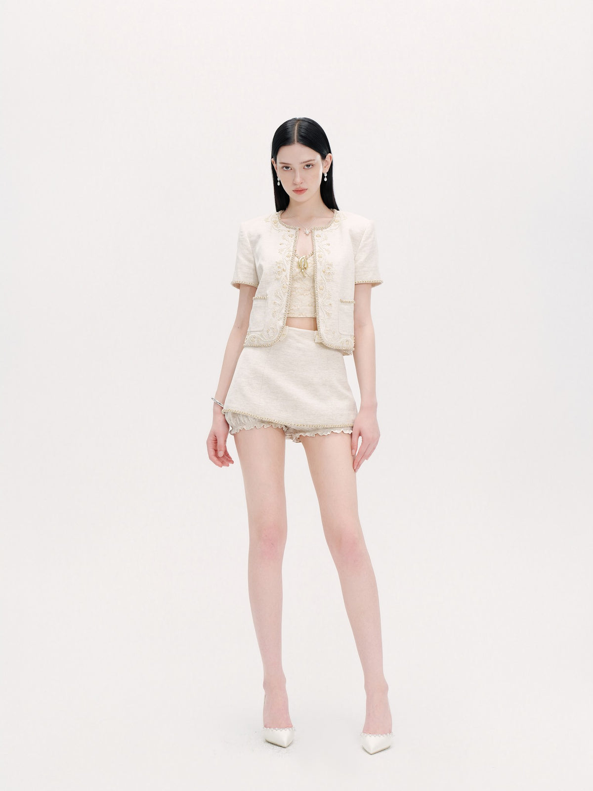 Rue Cambon Embroidered Beaded Cropped Tweed Jacket detail shot