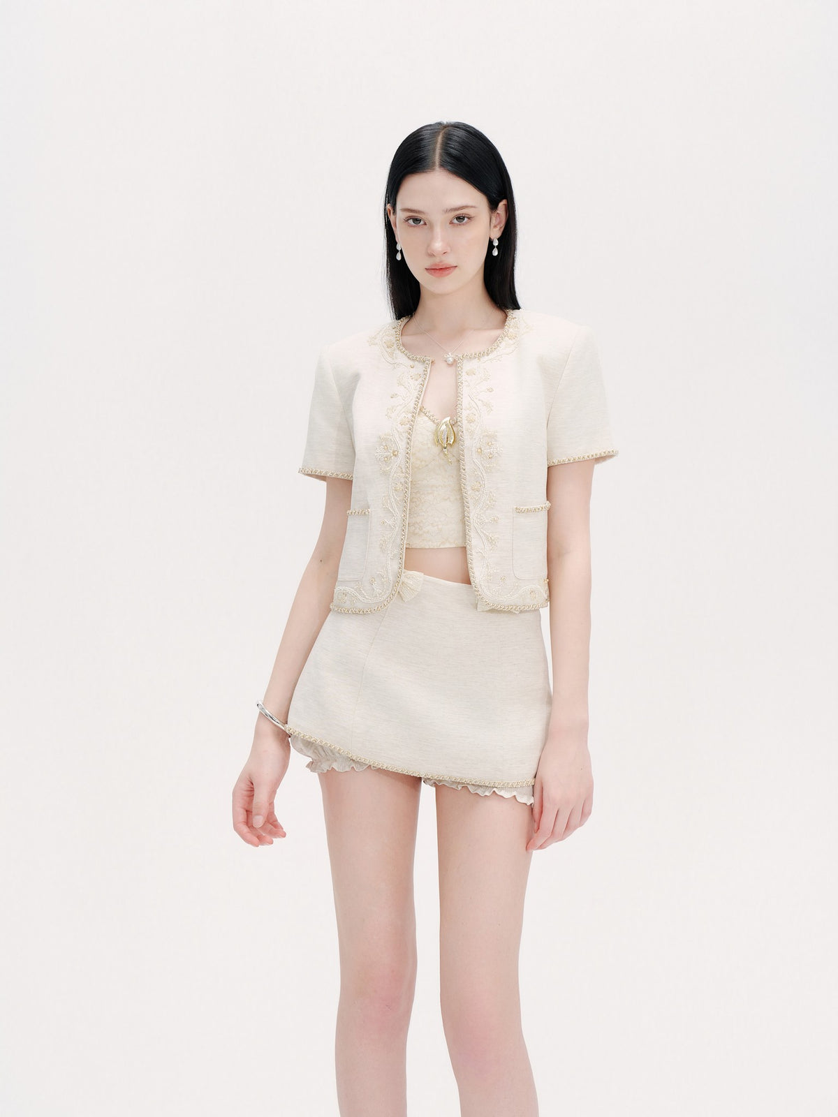 Rue Cambon Embroidered Beaded Cropped Tweed Jacket movement