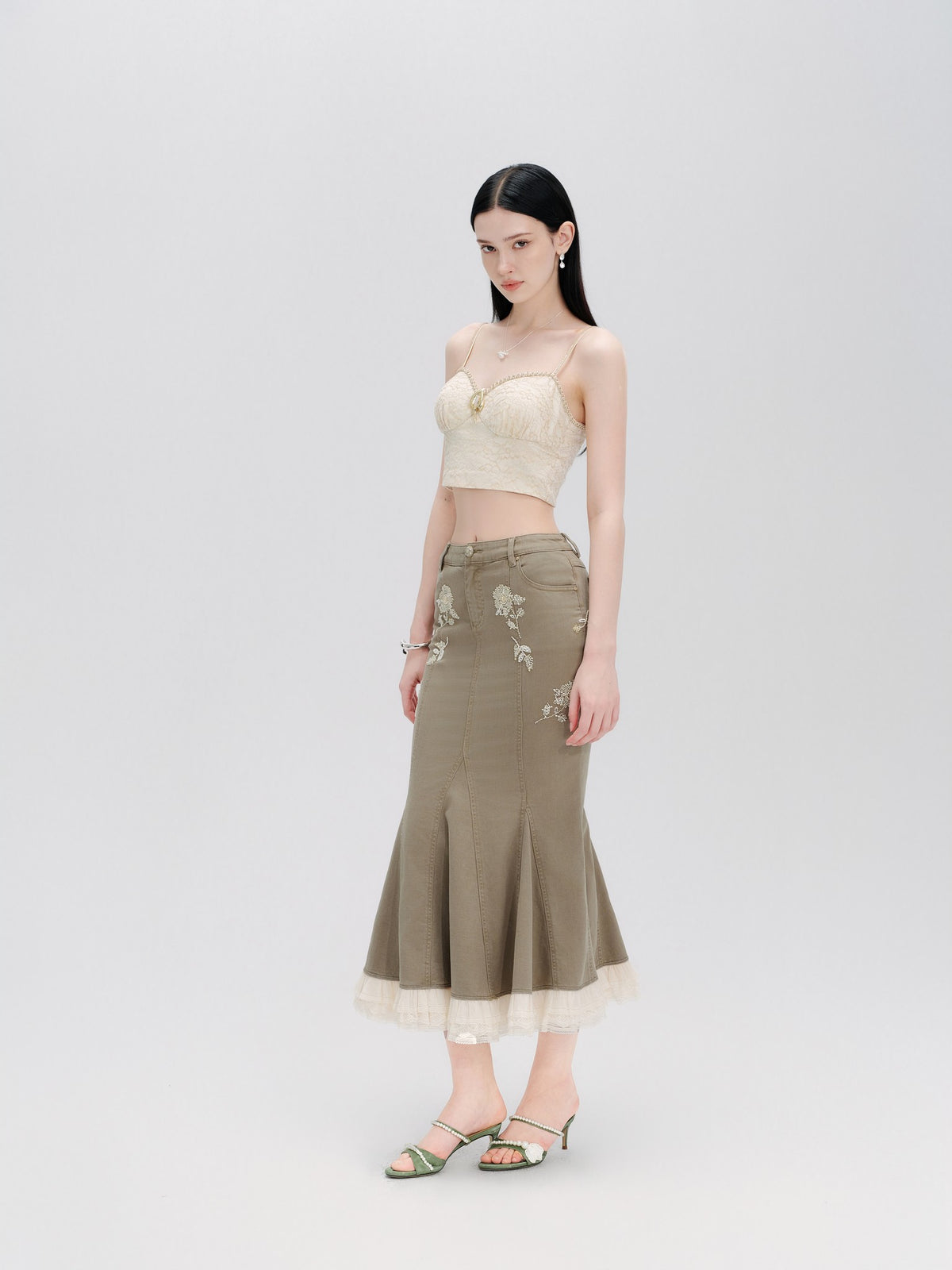 Rue Cambon Lace Texture Cutout Cropped Bustier Top fabric close-up