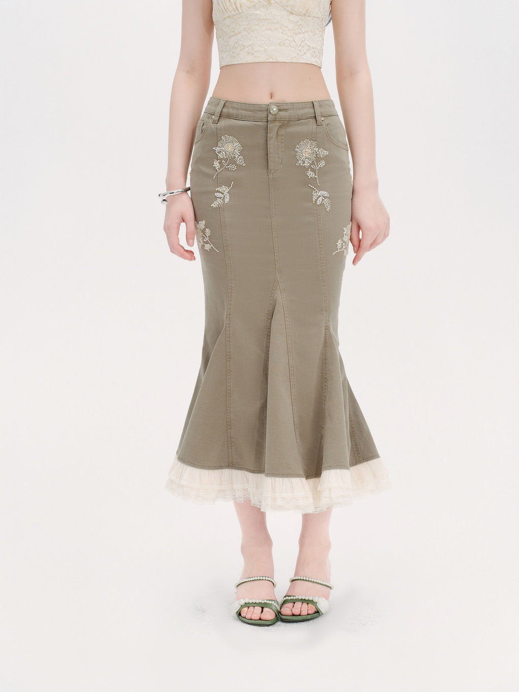 Pearl Wonderland Army Green Denim Lace Fishtail Maxi Skirt lookbook