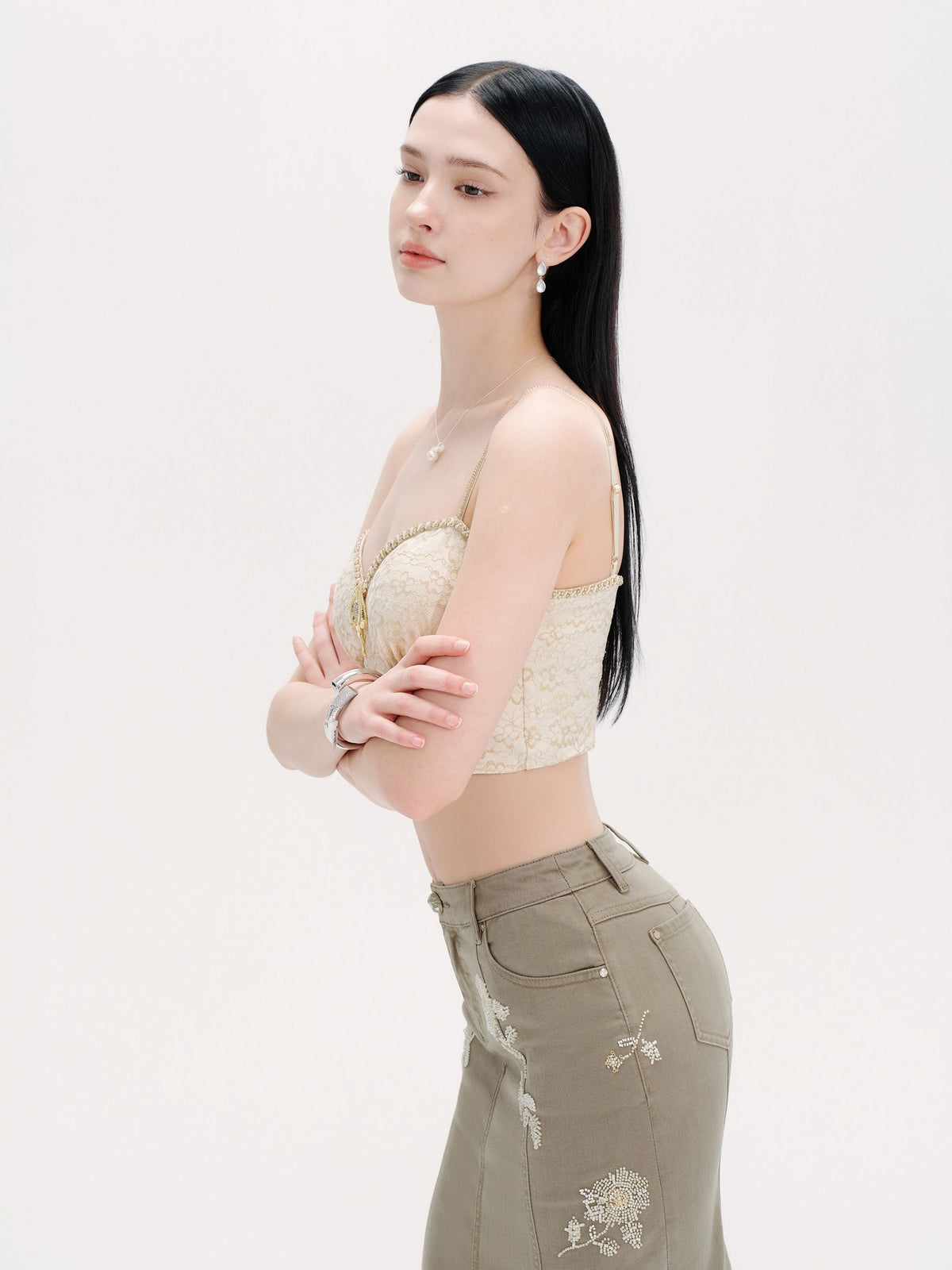 Pearl Wonderland Army Green Denim Lace Fishtail Maxi Skirt lookbook