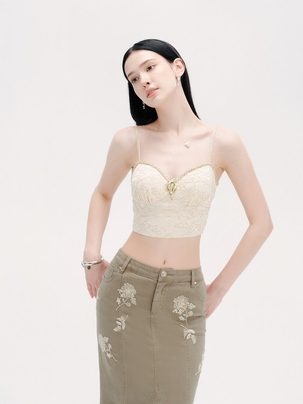 Rue Cambon Lace Texture Cutout Cropped Bustier Top styling detail