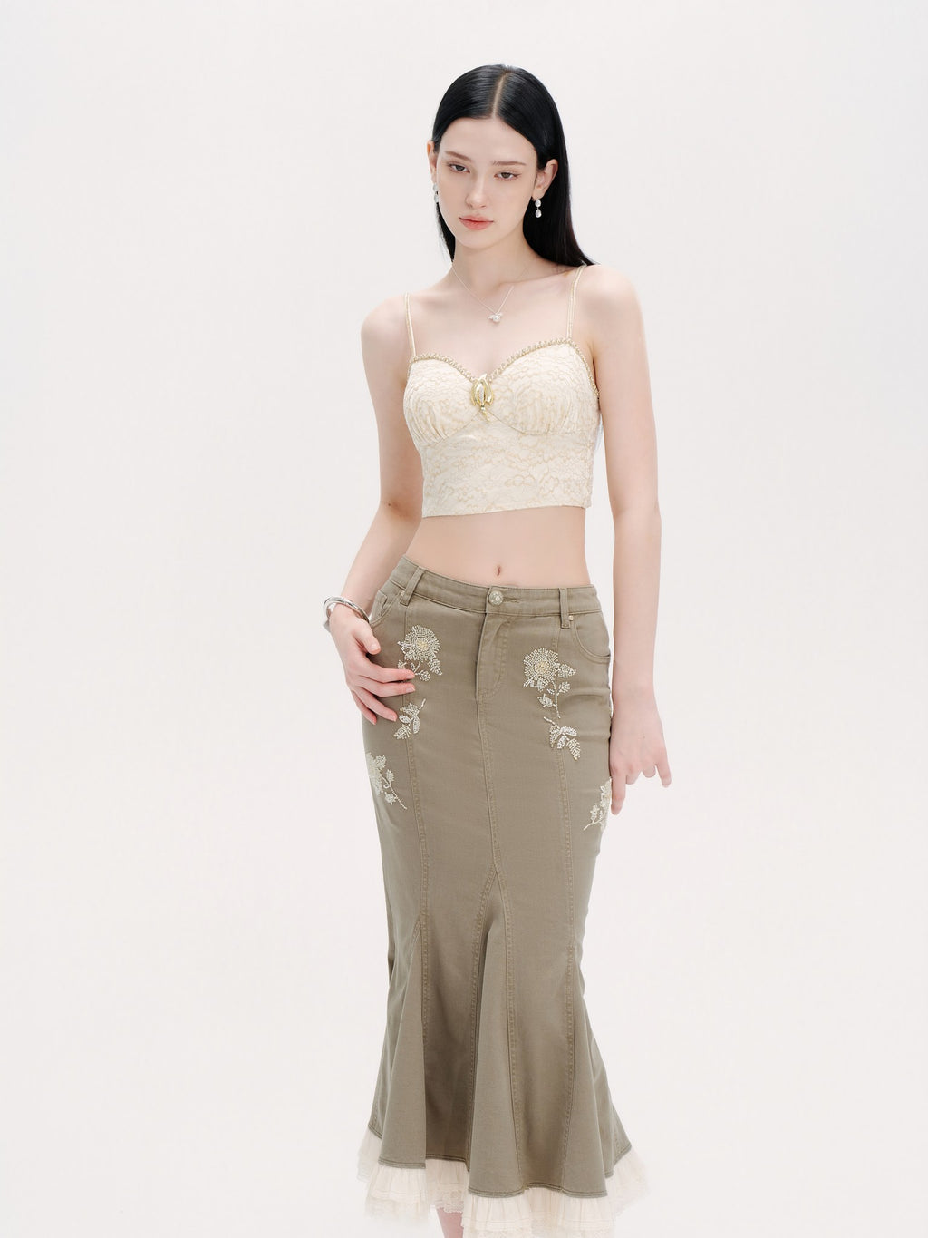 Pearl Wonderland Army Green Denim Lace Fishtail Maxi Skirt lookbook