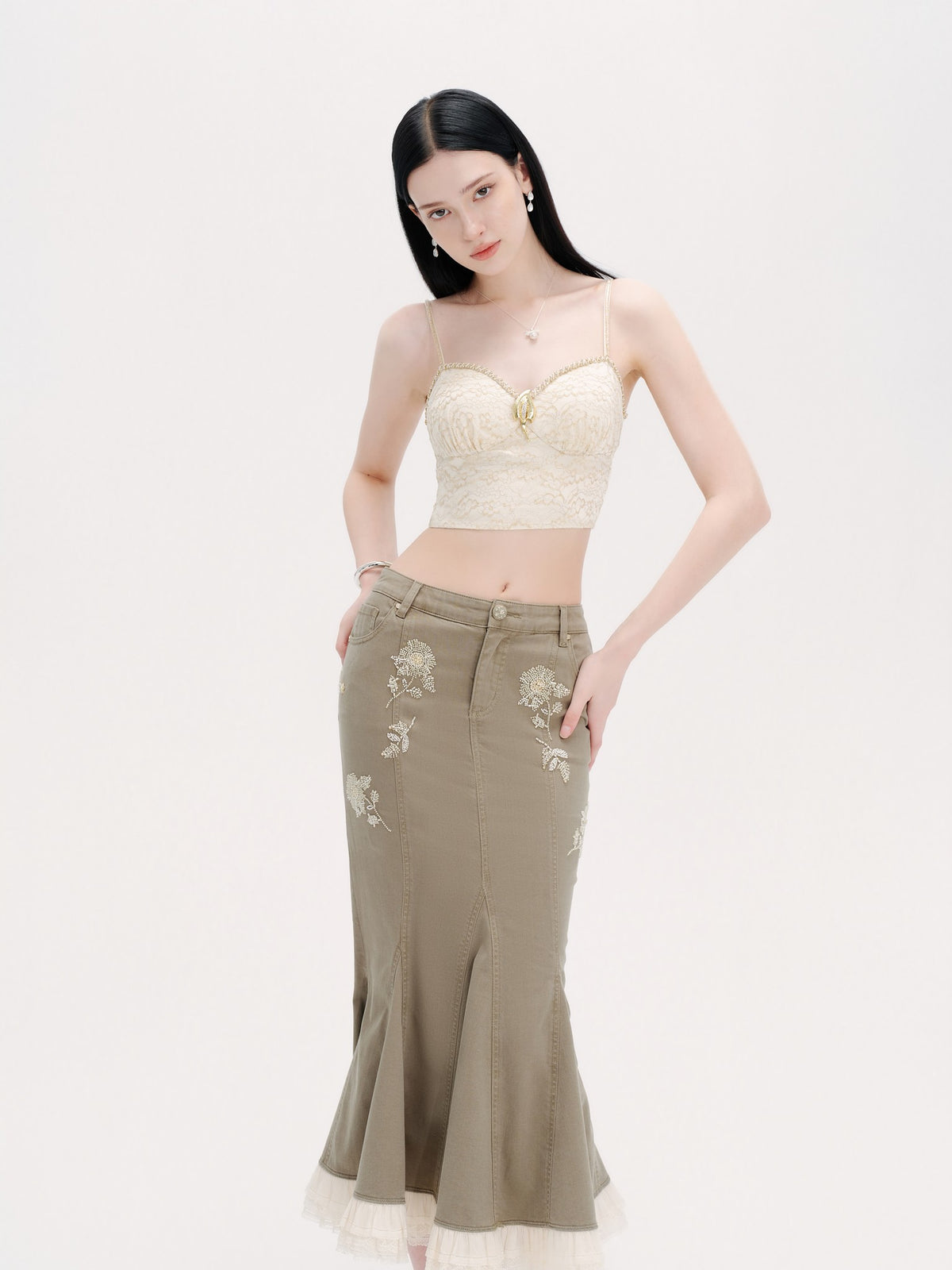Rue Cambon Lace Texture Cutout Cropped Bustier Top fabric close-up