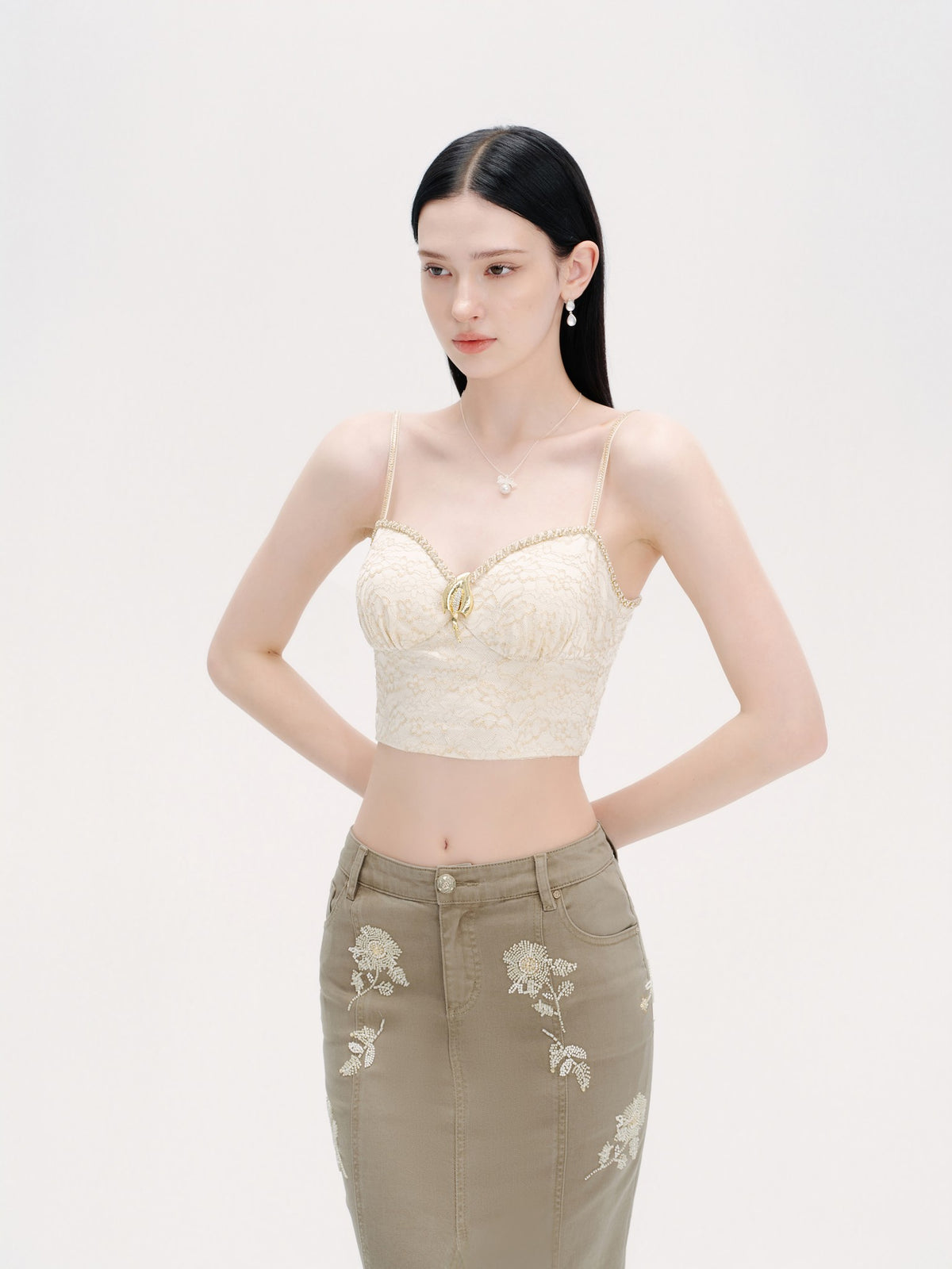 Rue Cambon Lace Texture Cutout Cropped Bustier Top styling