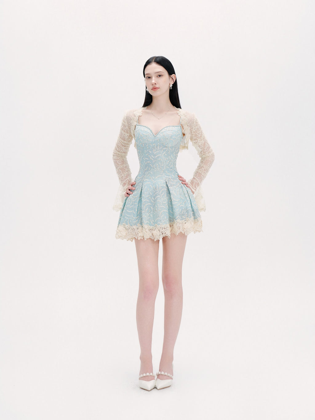 Rue Cambon Blue Sequined Lace Mini Dress back view
