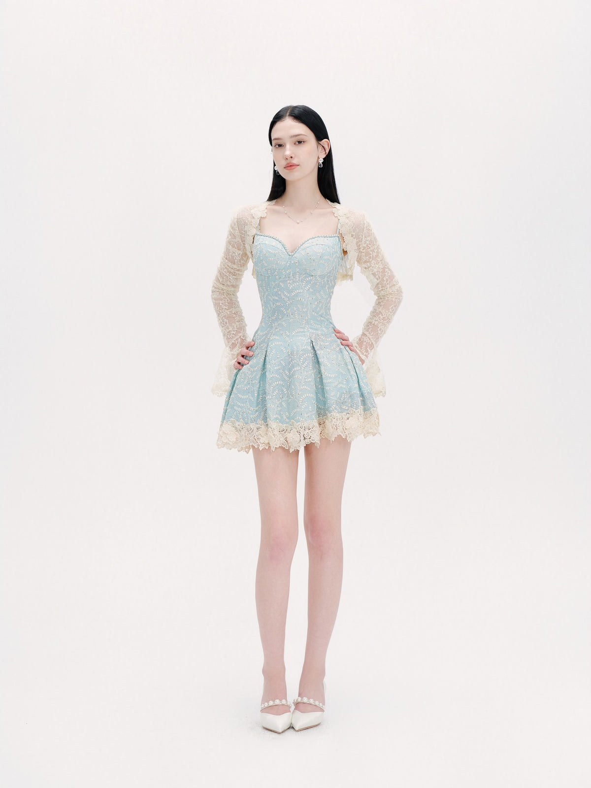 Rue Cambon Blue Sequined Lace Mini Dress back view