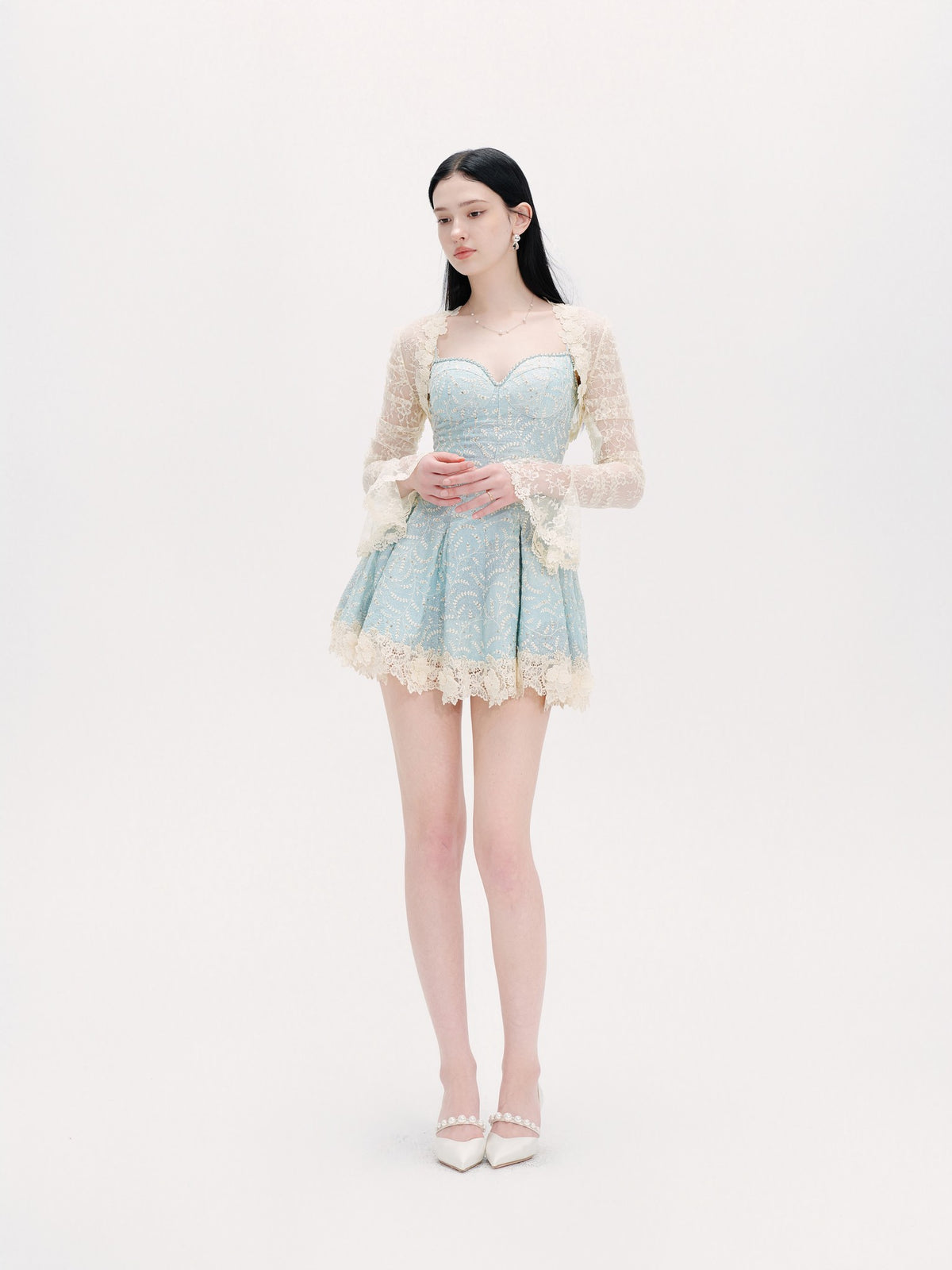 Rue Cambon Blue Sequined Lace Mini Dress detail