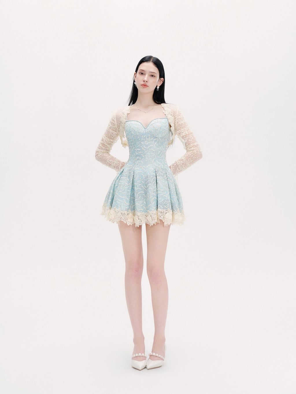 Rue Cambon Blue Sequined Lace Mini Dress styling