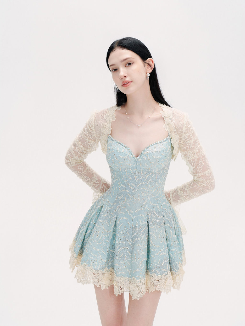 Rue Cambon Blue Sequined Lace Mini Dress fabric close-up