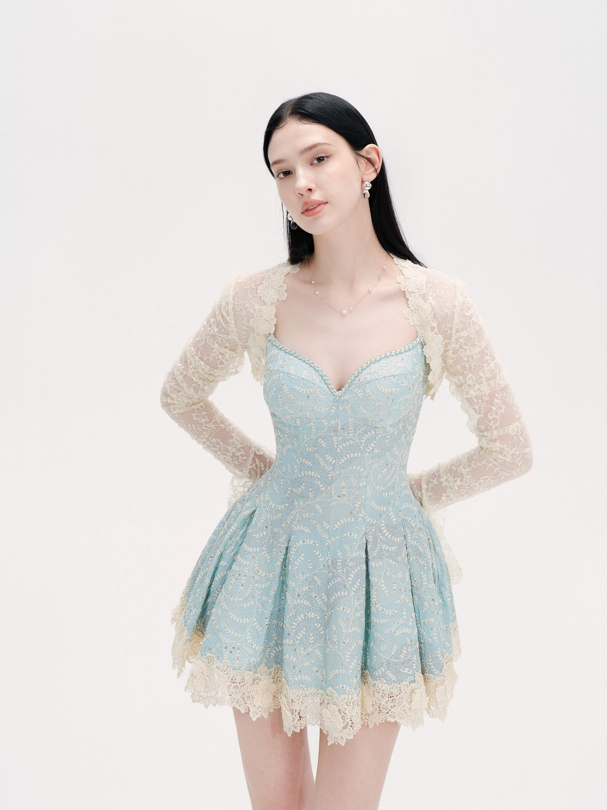 Rue Cambon Blue Sequined Lace Mini Dress fabric close-up