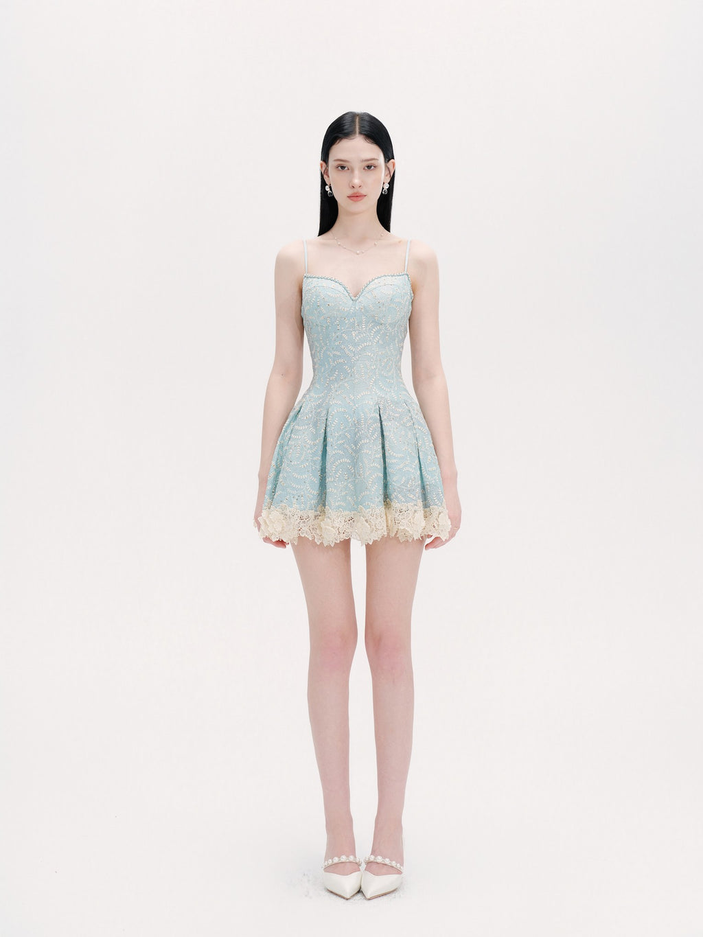 Rue Cambon Blue Sequined Lace Mini Dress full look