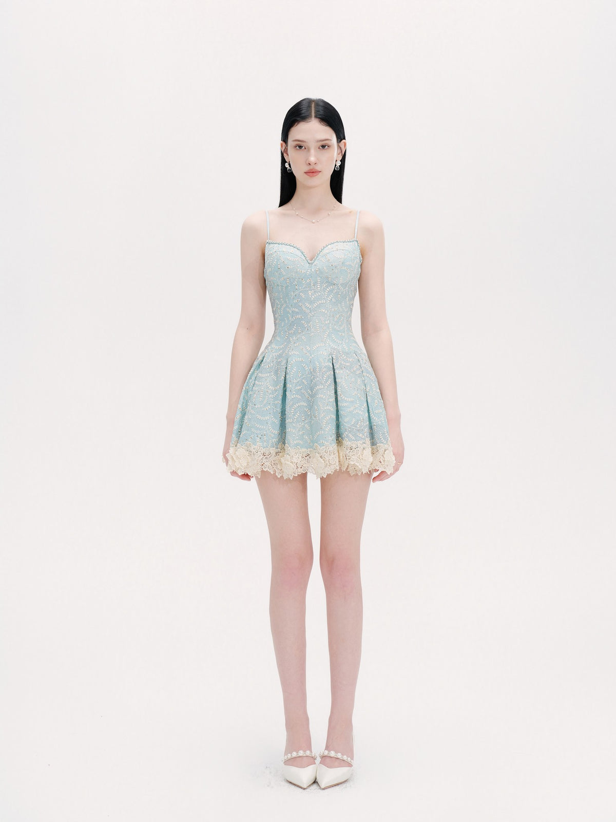 Rue Cambon Blue Sequined Lace Mini Dress full look