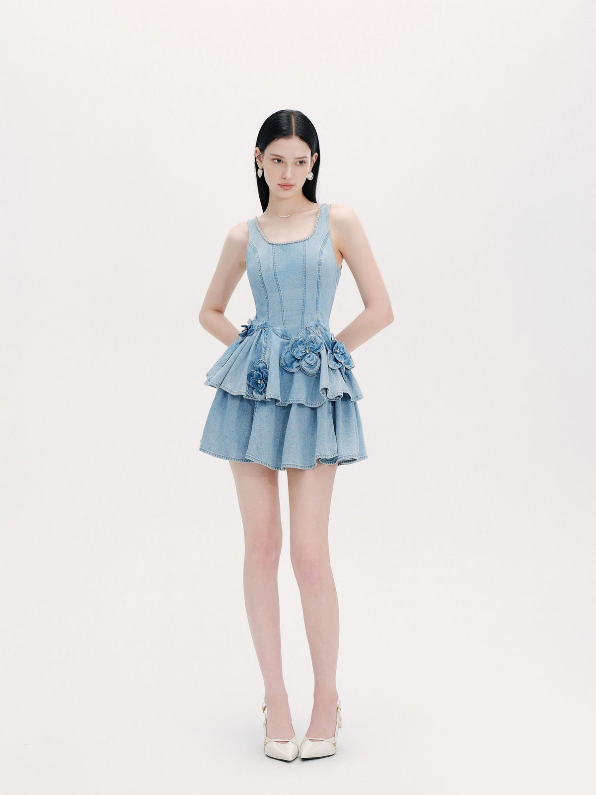 Riviera Washed Blue Tailored Denim Tiered Mini Dress fabric close-up