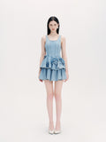 Riviera Washed Blue Tailored Denim Tiered Mini Dress styling