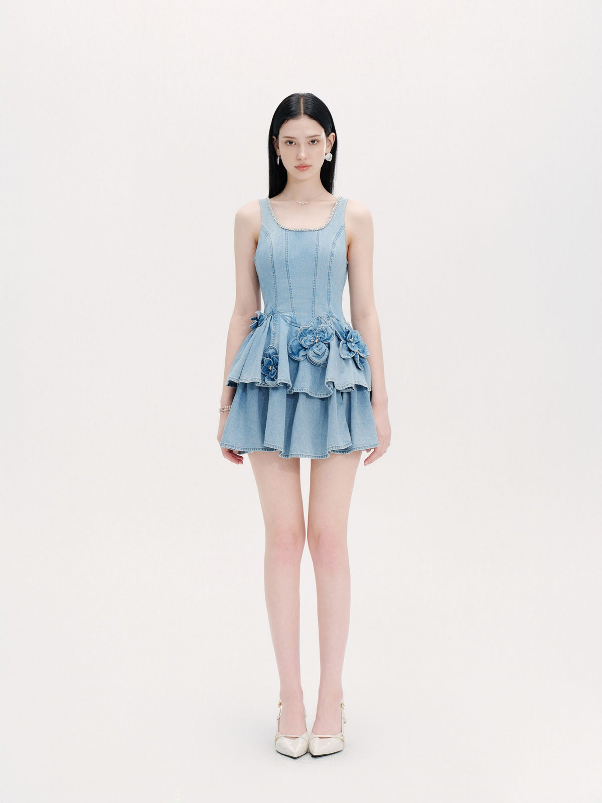Riviera Washed Blue Tailored Denim Tiered Mini Dress styling