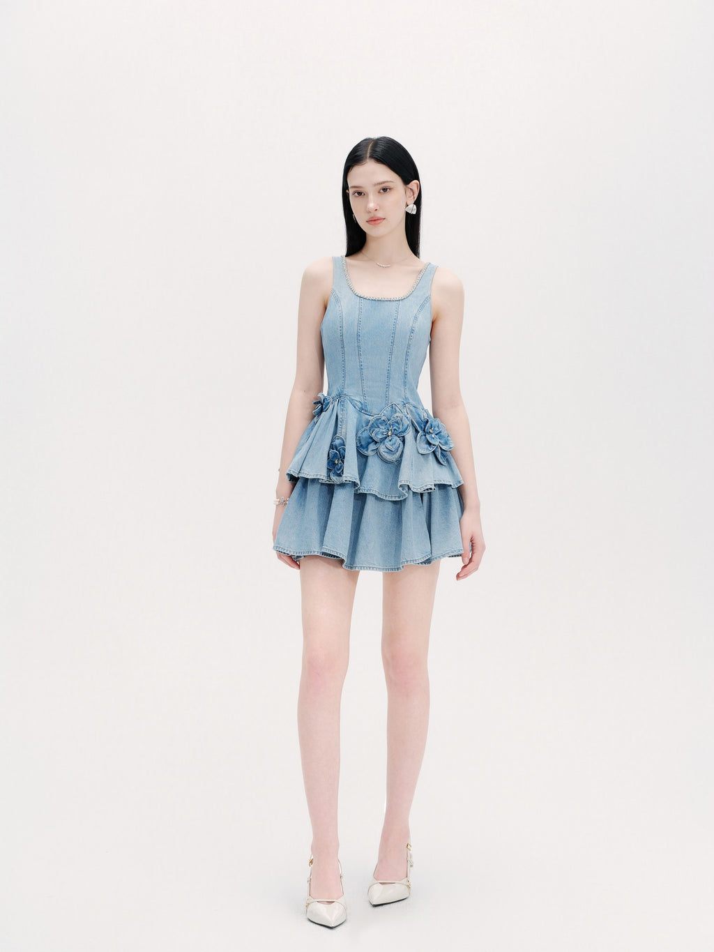 Riviera Washed Blue Tailored Denim Tiered Mini Dress full body