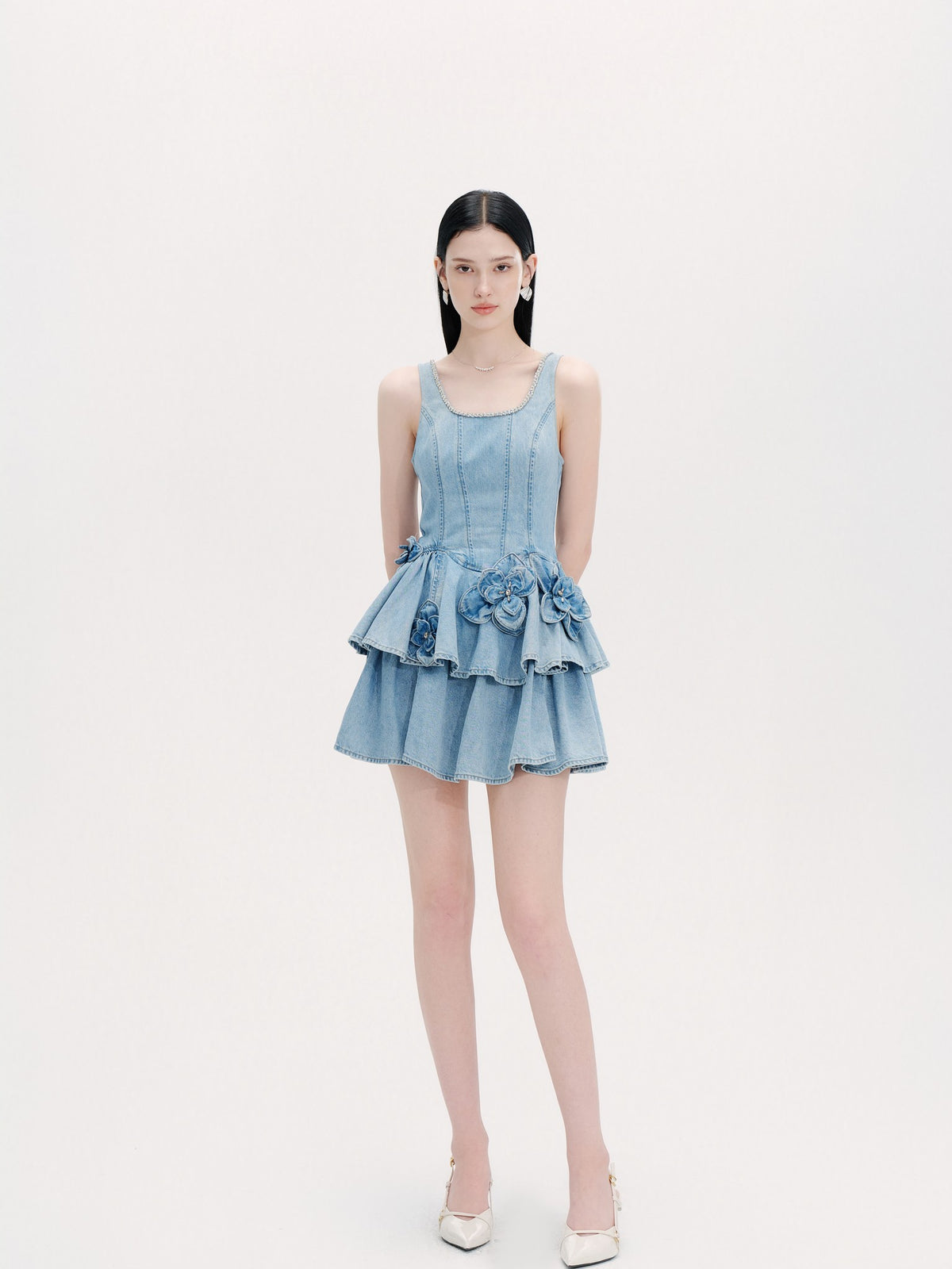 Riviera Washed Blue Tailored Denim Tiered Mini Dress detail shot