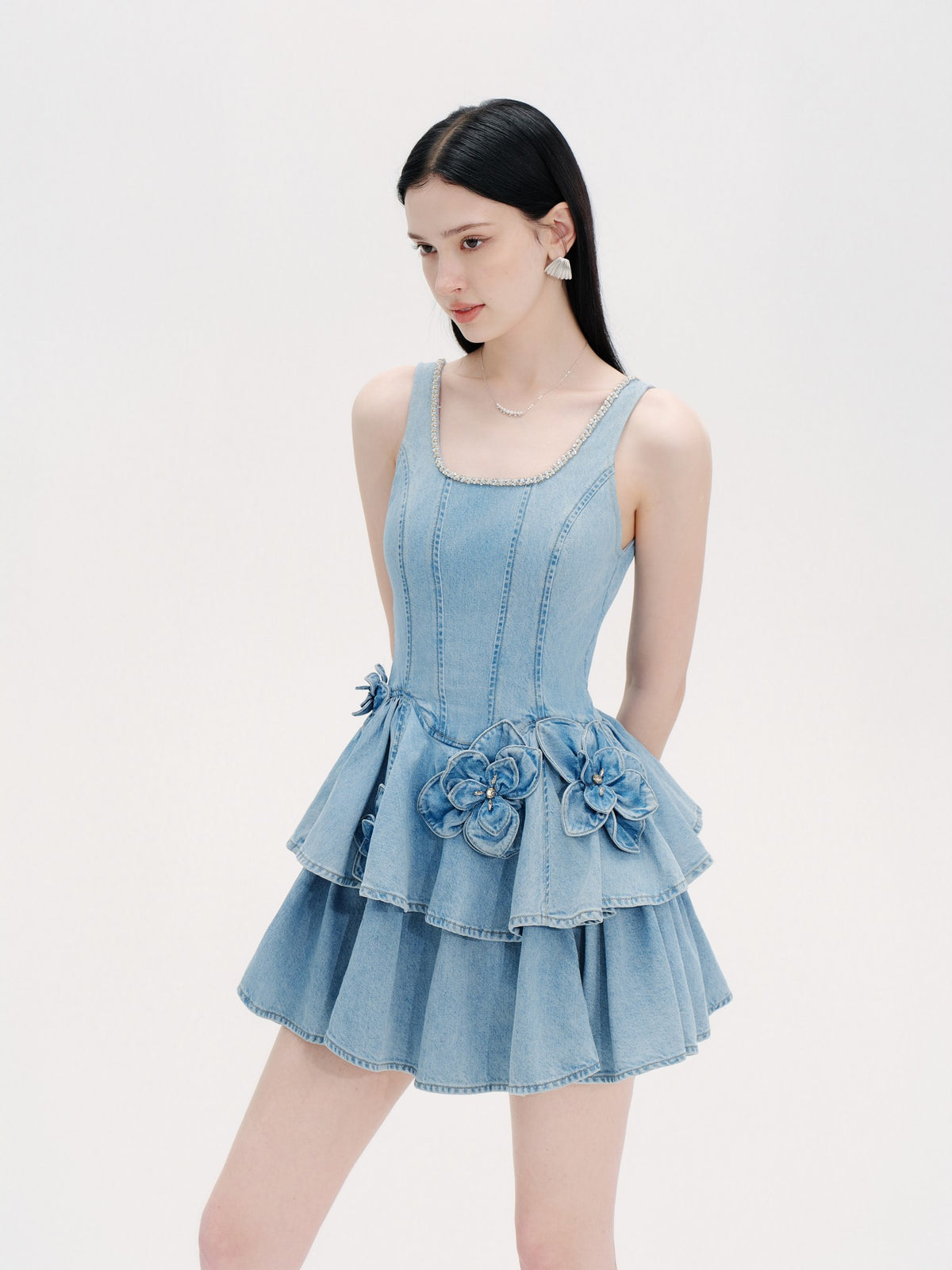 Riviera Washed Blue Tailored Denim Tiered Mini Dress movement