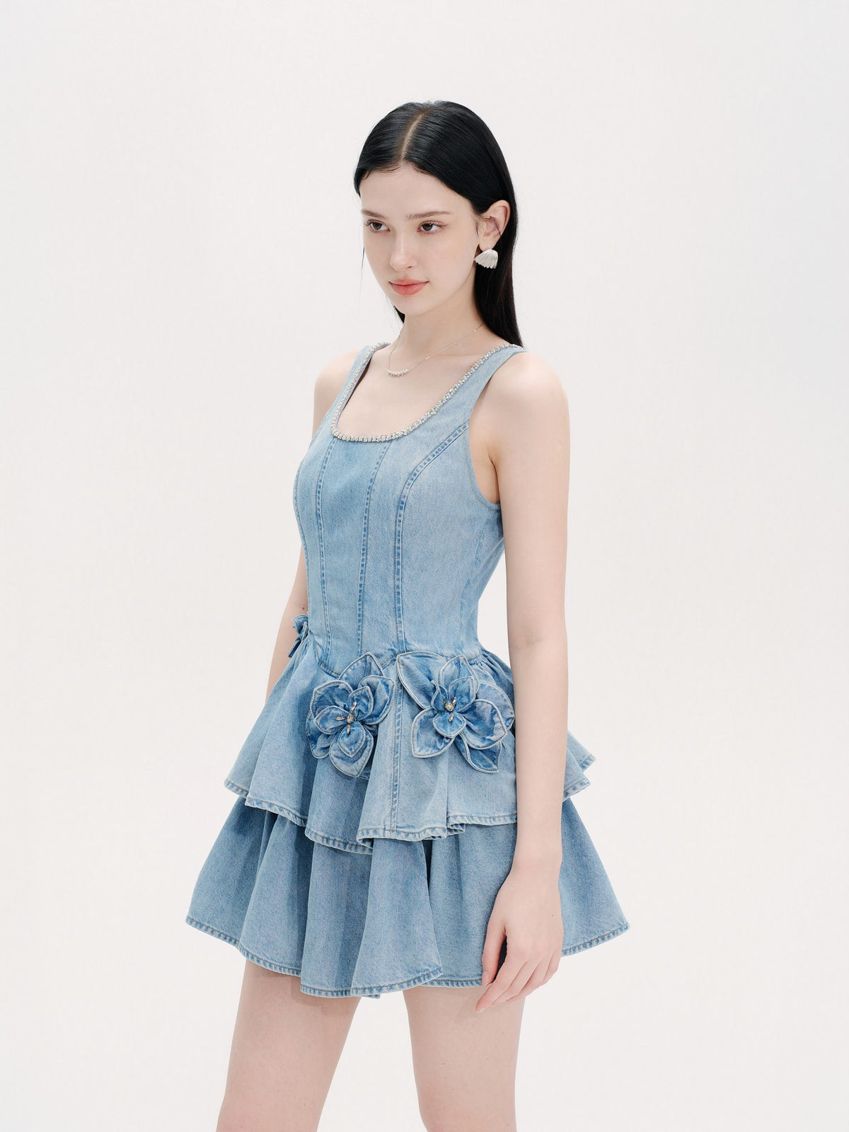 Riviera Washed Blue Tailored Denim Tiered Mini Dress front detail