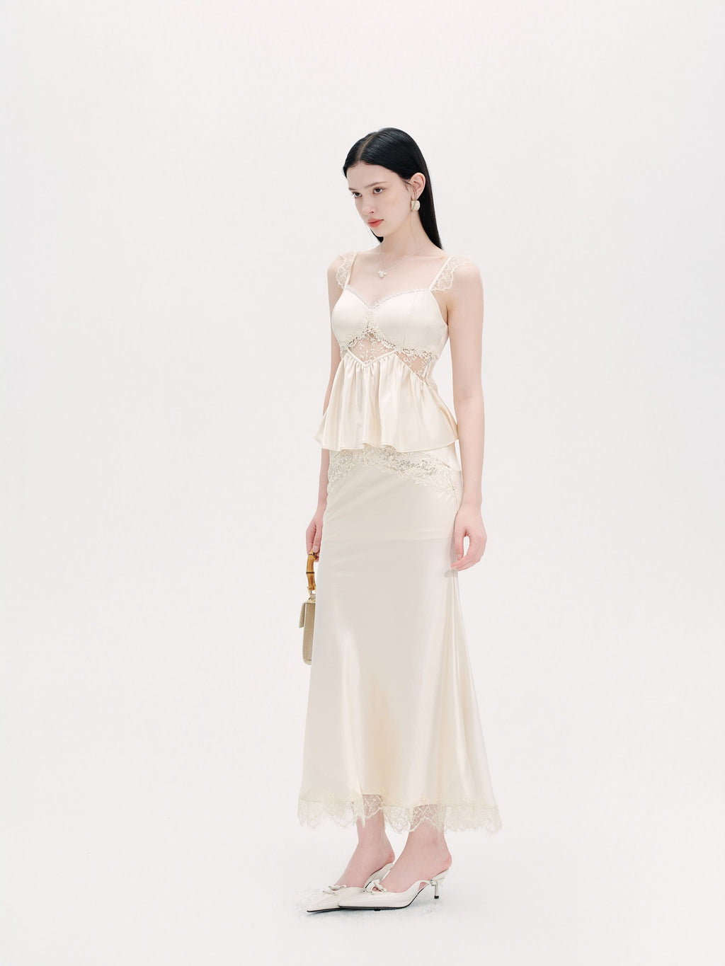 Pearl Wonderland Beige Acetate Lace Faux Two-Piece Skirt back view