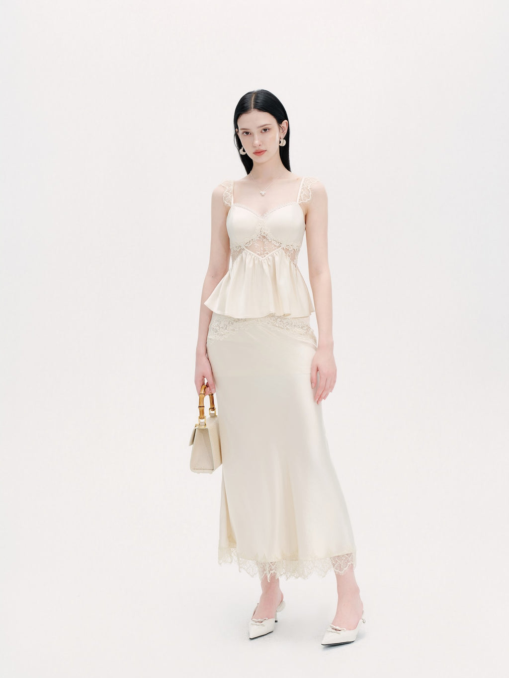 Pearl Wonderland Beige Acetate Lace Faux Two-Piece Skirt side profile