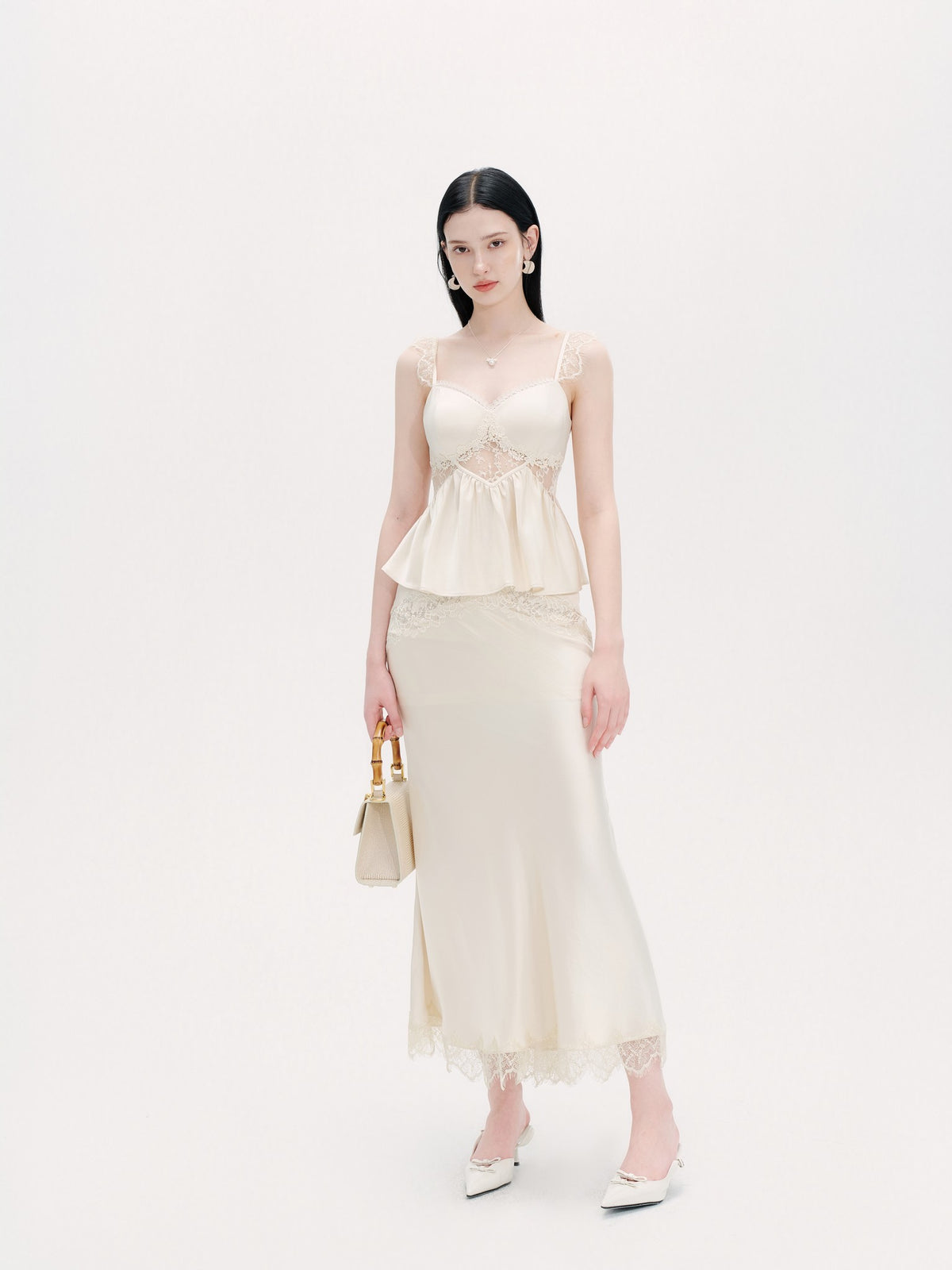 Pearl Wonderland Beige Acetate Lace Faux Two-Piece Skirt side profile