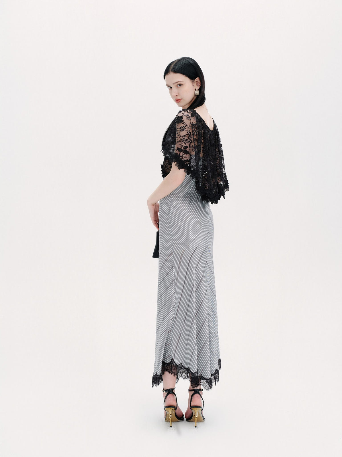 Riviera Blue Striped Bustier Lace Maxi Dress side profile