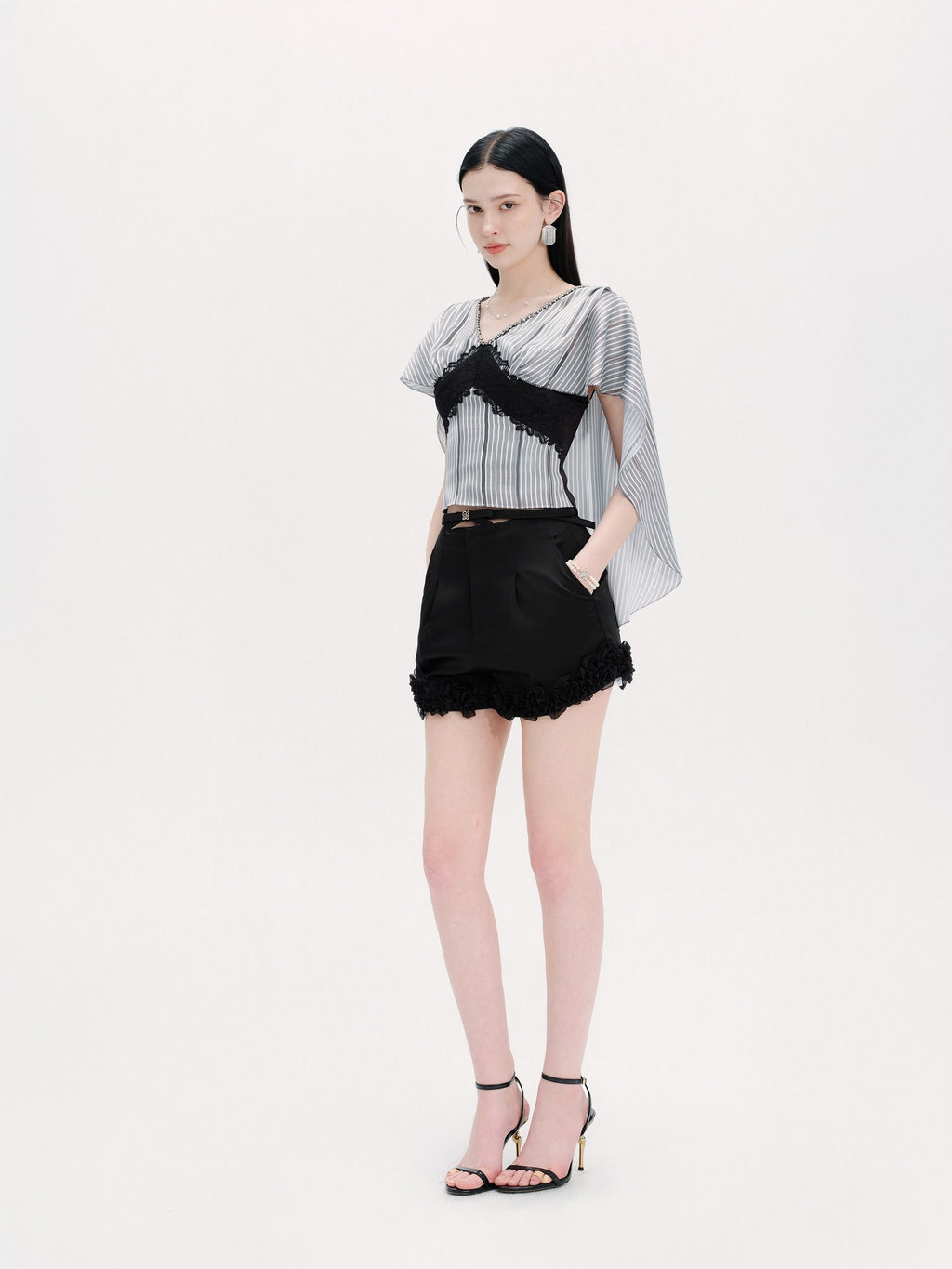 Pearl Wonderland Blue Stripe Lace Shawl Collar Peplum Top front detail