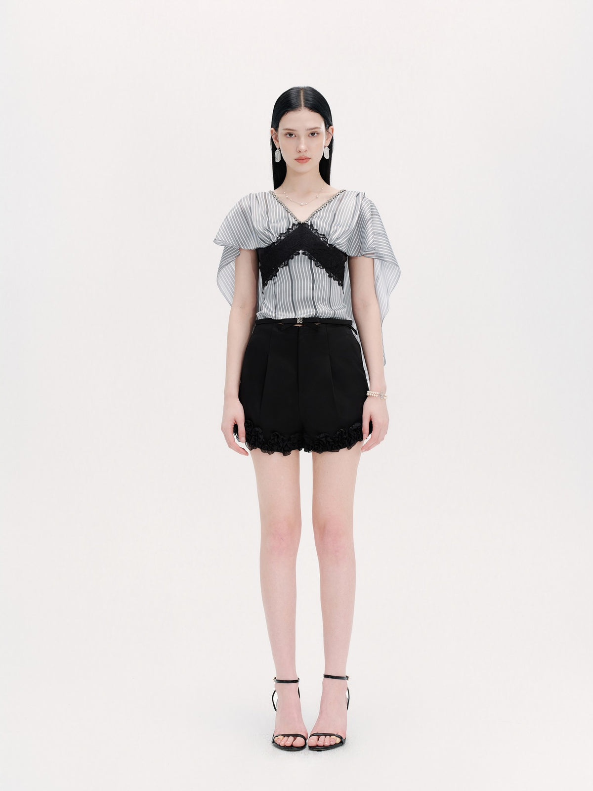 Pearl Wonderland Blue Stripe Lace Shawl Collar Peplum Top back view