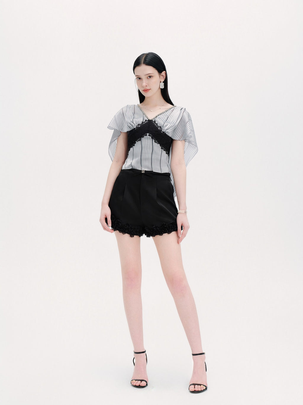 Pearl Wonderland Blue Stripe Lace Shawl Collar Peplum Top side profile