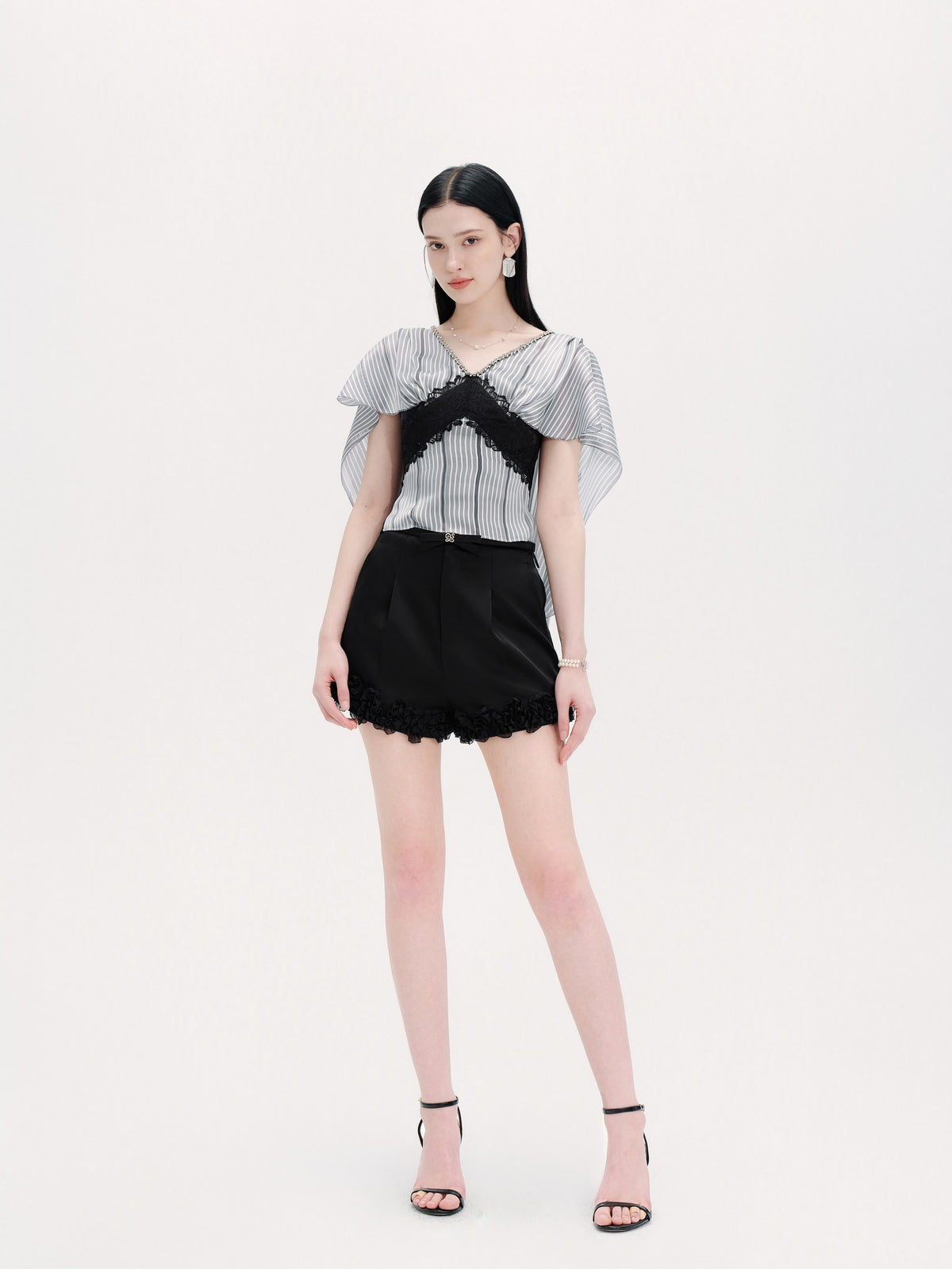 Pearl Wonderland Blue Stripe Lace Shawl Collar Peplum Top side profile
