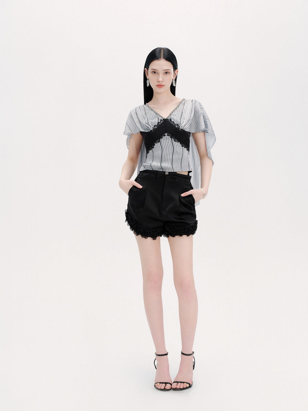 Pearl Wonderland Blue Stripe Lace Shawl Collar Peplum Top fabric close-up