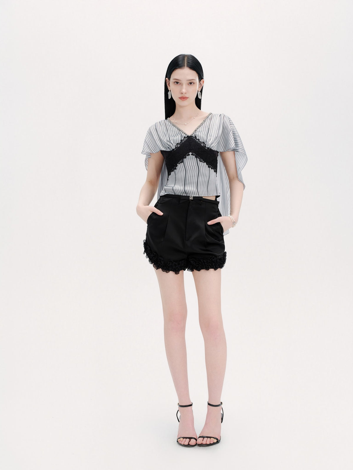 Pearl Wonderland Blue Stripe Lace Shawl Collar Peplum Top fabric close-up