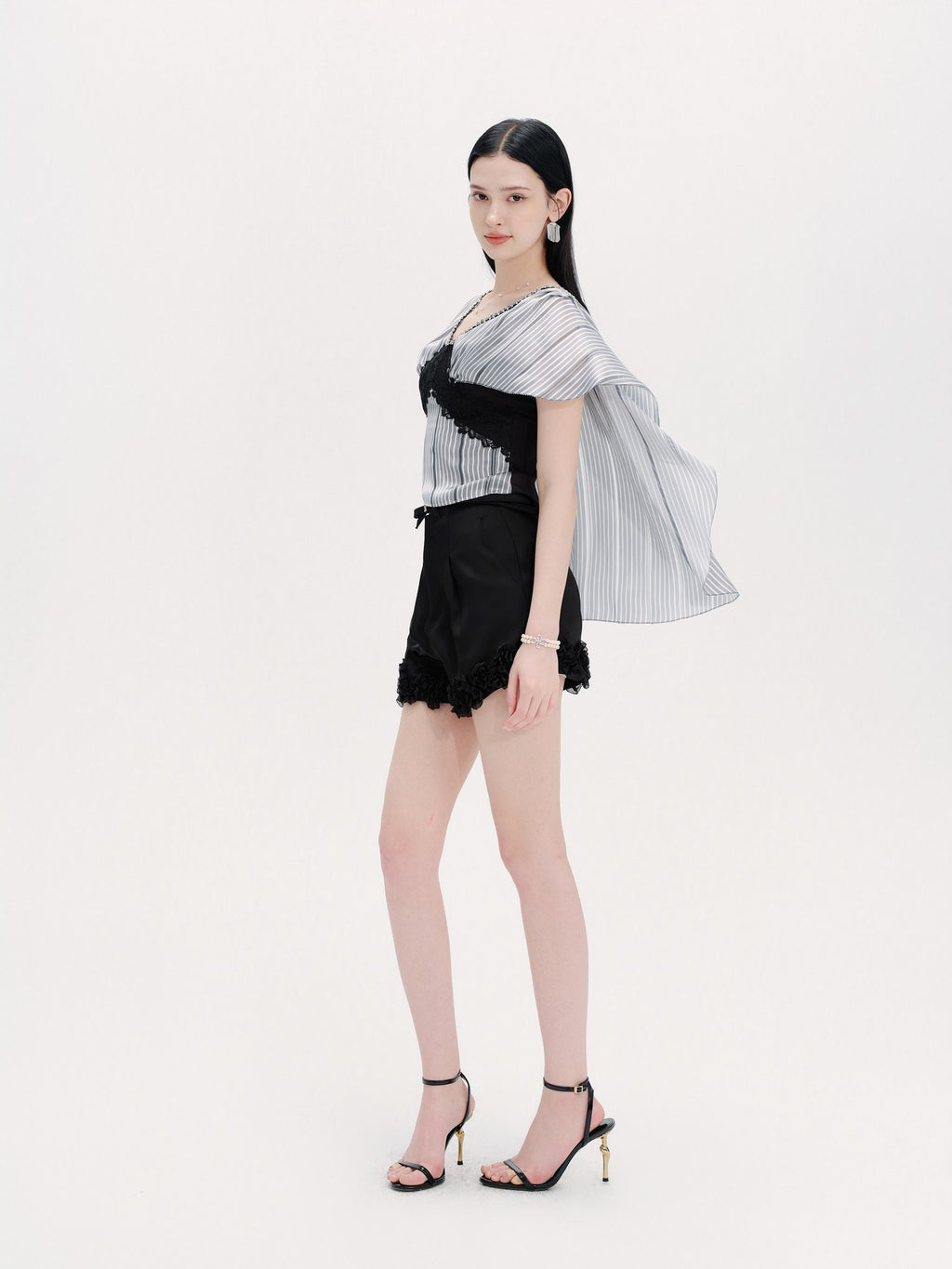 Pearl Wonderland Blue Stripe Lace Shawl Collar Peplum Top styling
