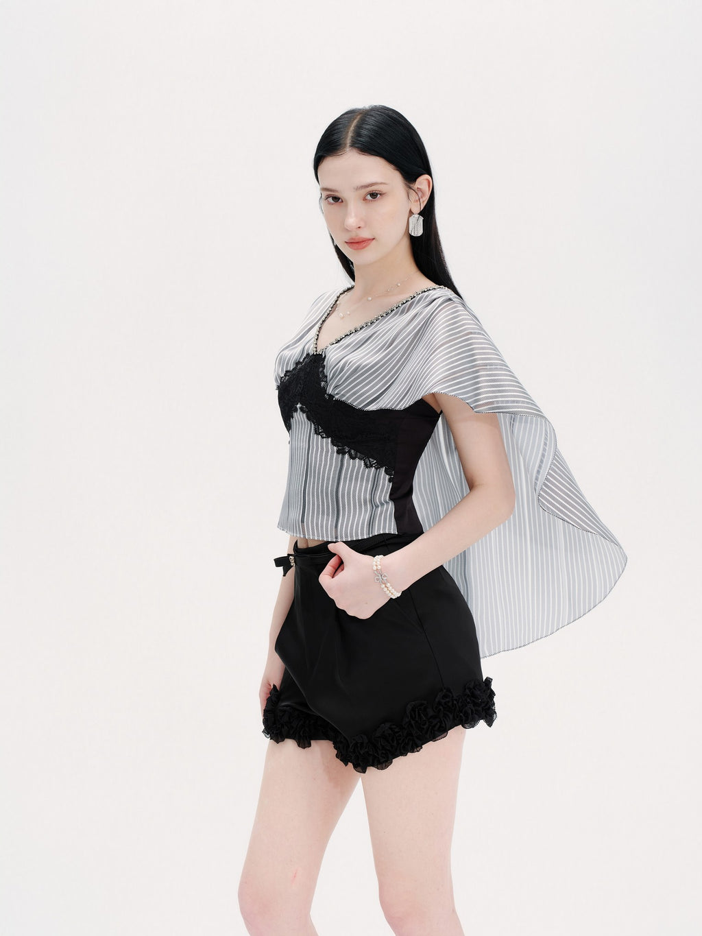 Pearl Wonderland Blue Stripe Lace Shawl Collar Peplum Top full look